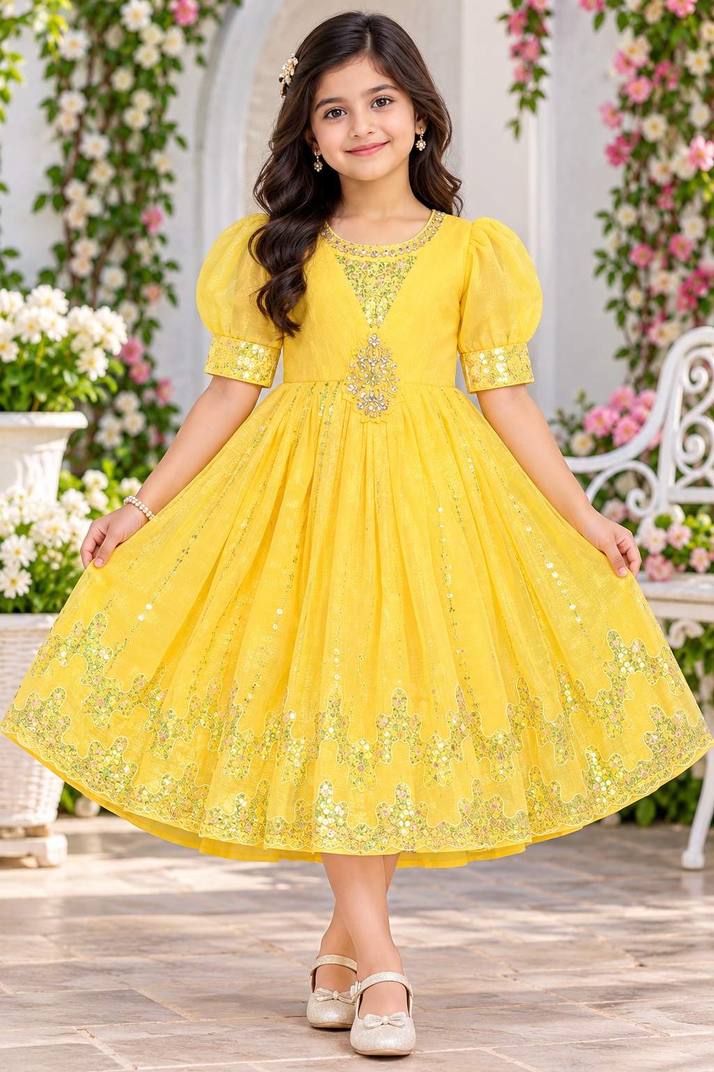 Girls Elbow Sleeve Yellow Sequin Embellished Party Wear Frock