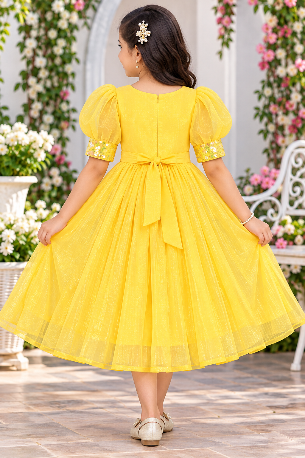 Girls Elbow Sleeve Yellow Sequin Embellished Party Wear Frock