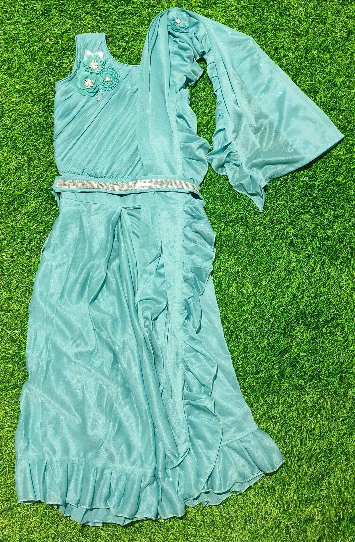 Girls Sleeveless Teal Blue Ruffle Lehenga Saree Set