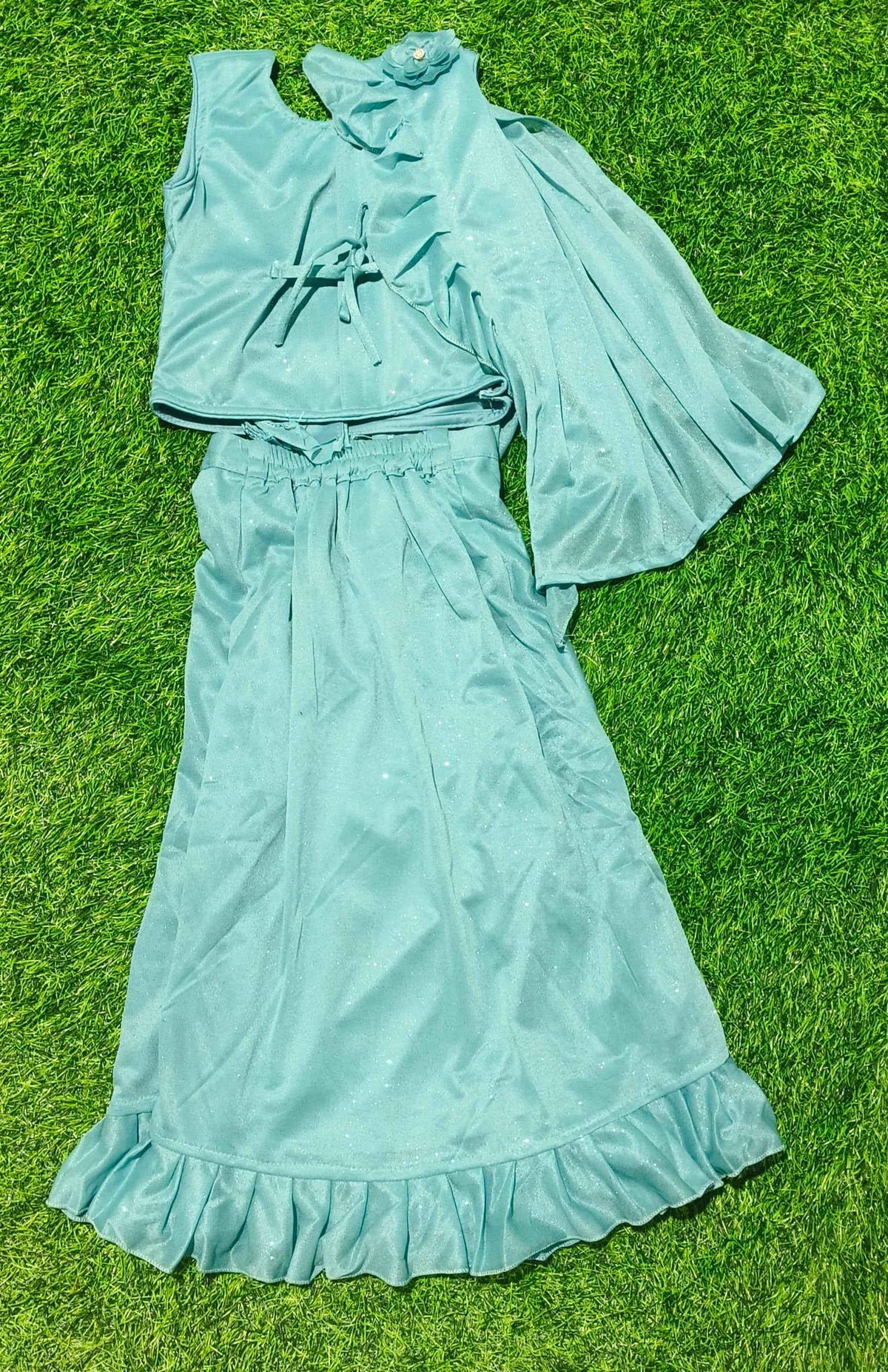 Girls Sleeveless Teal Blue Ruffle Lehenga Saree Set