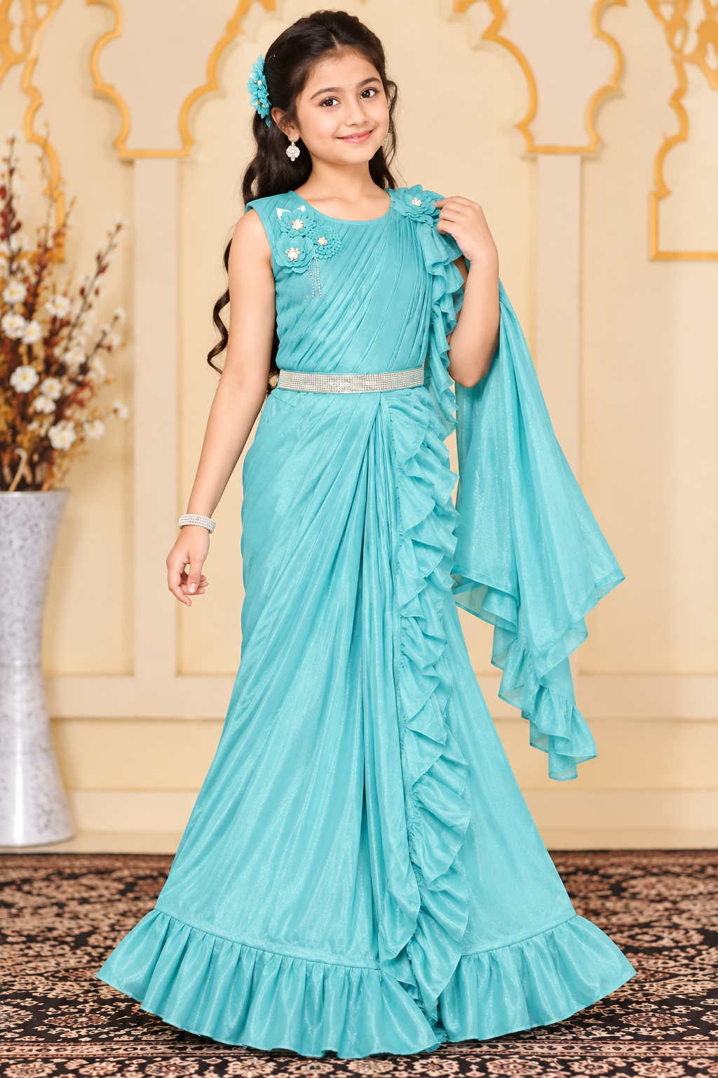 Girls Sleeveless Teal Blue Ruffle Lehenga Saree Set