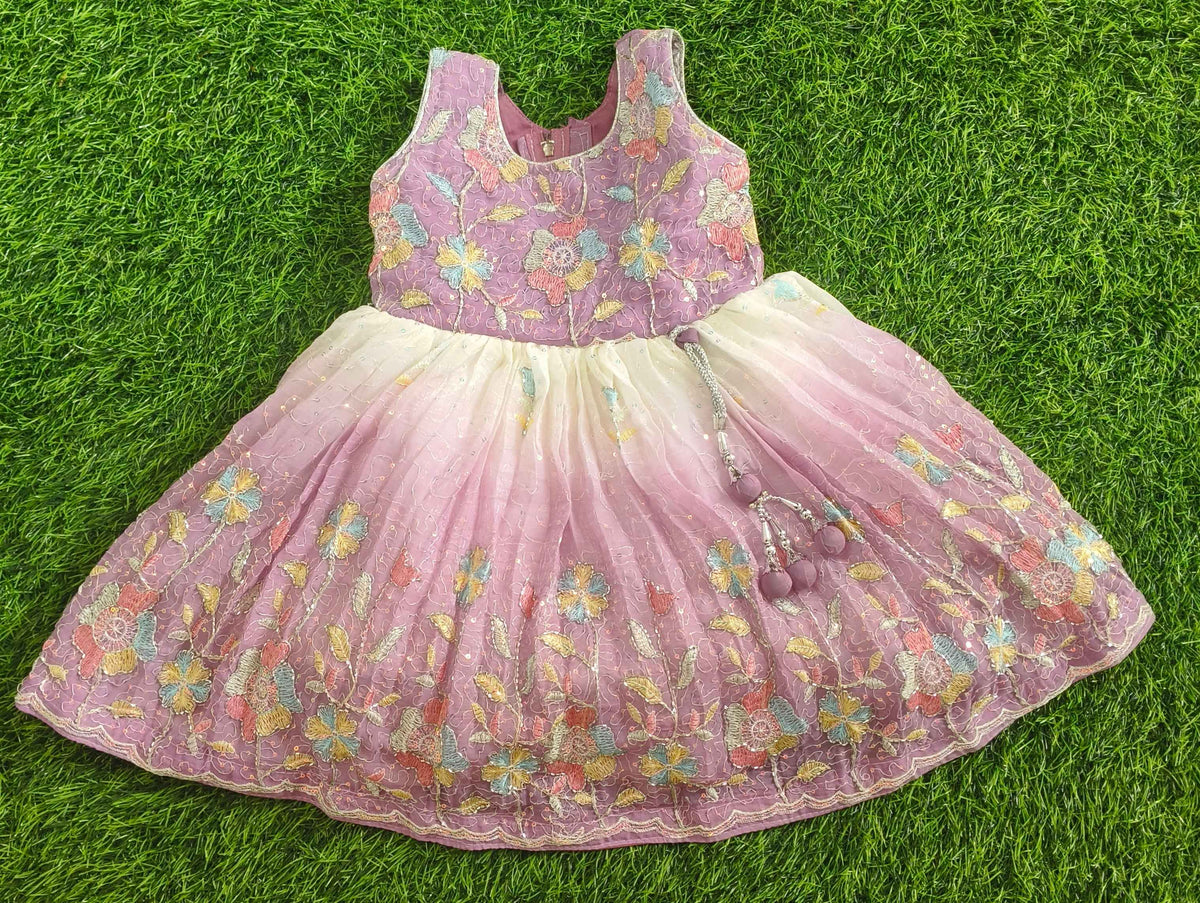 Girls Sleeveless Mauve & Ivory Floral Embroidered Party Wear Frock