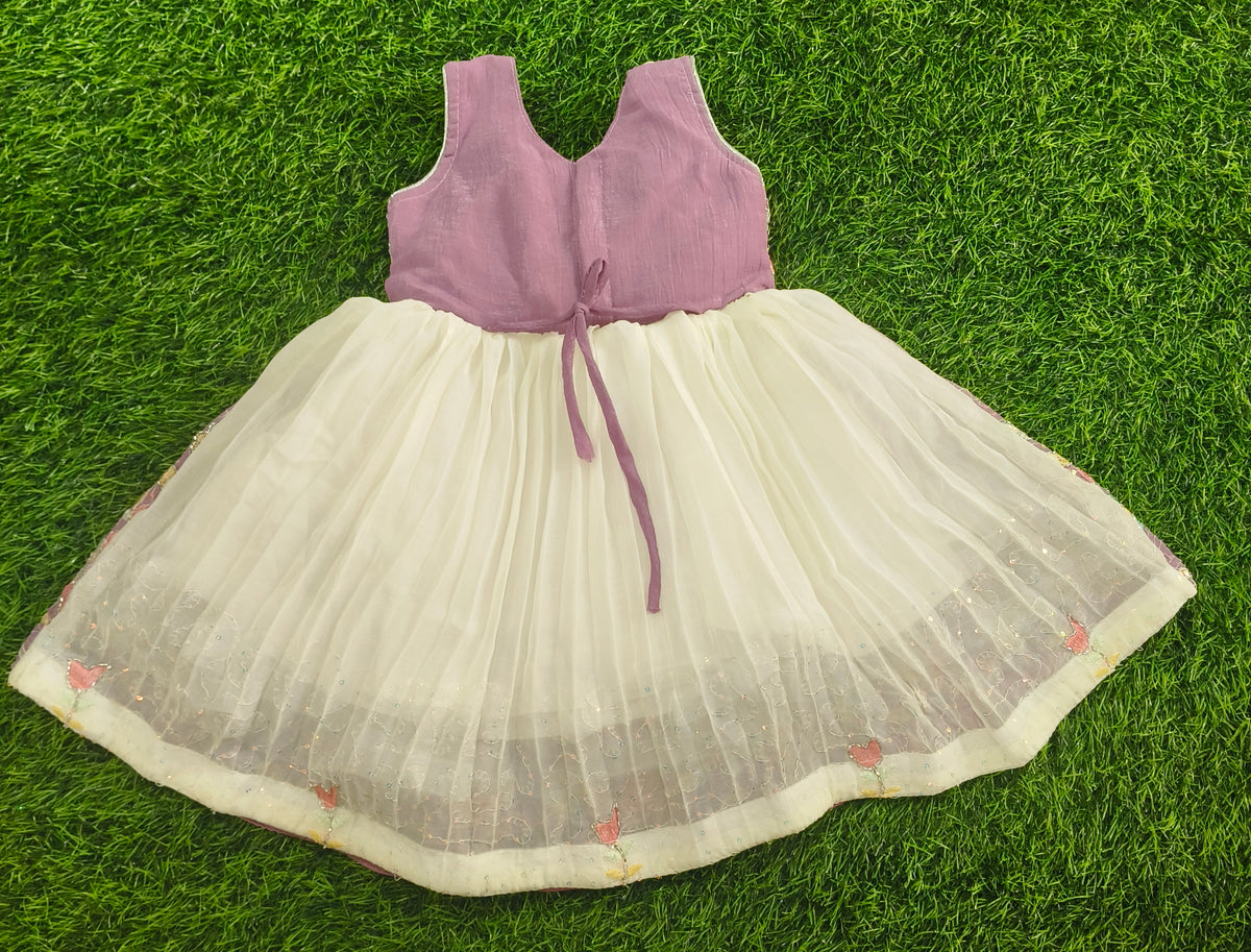Girls Sleeveless Mauve & Ivory Floral Embroidered Party Wear Frock