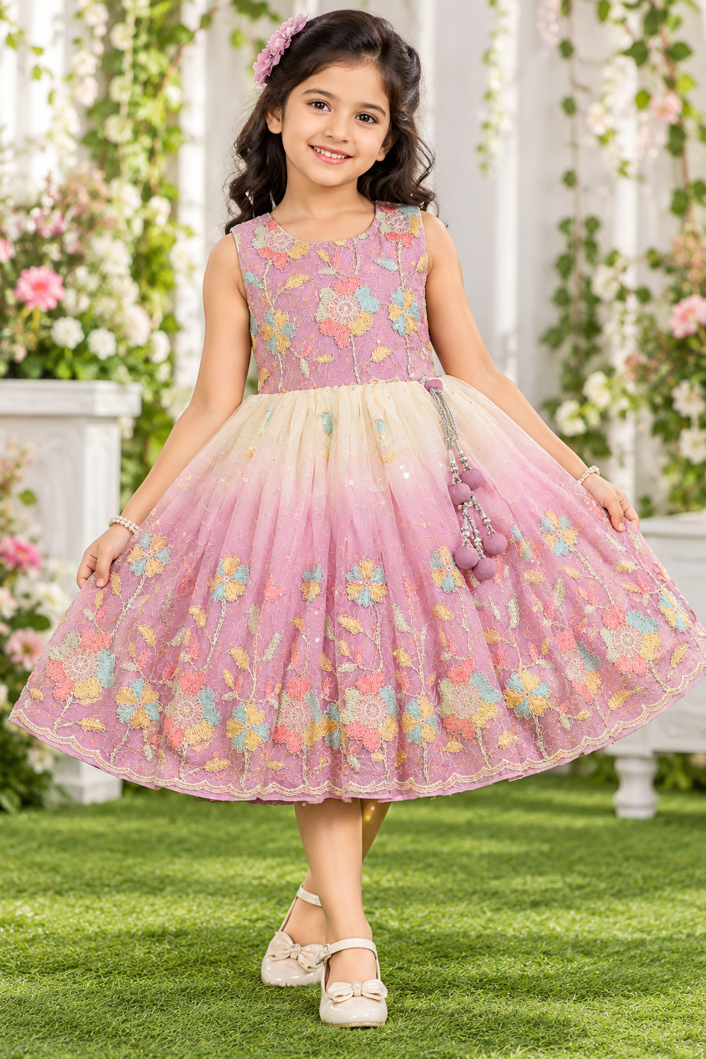 Girls Sleeveless Mauve & Ivory Floral Embroidered Party Wear Frock
