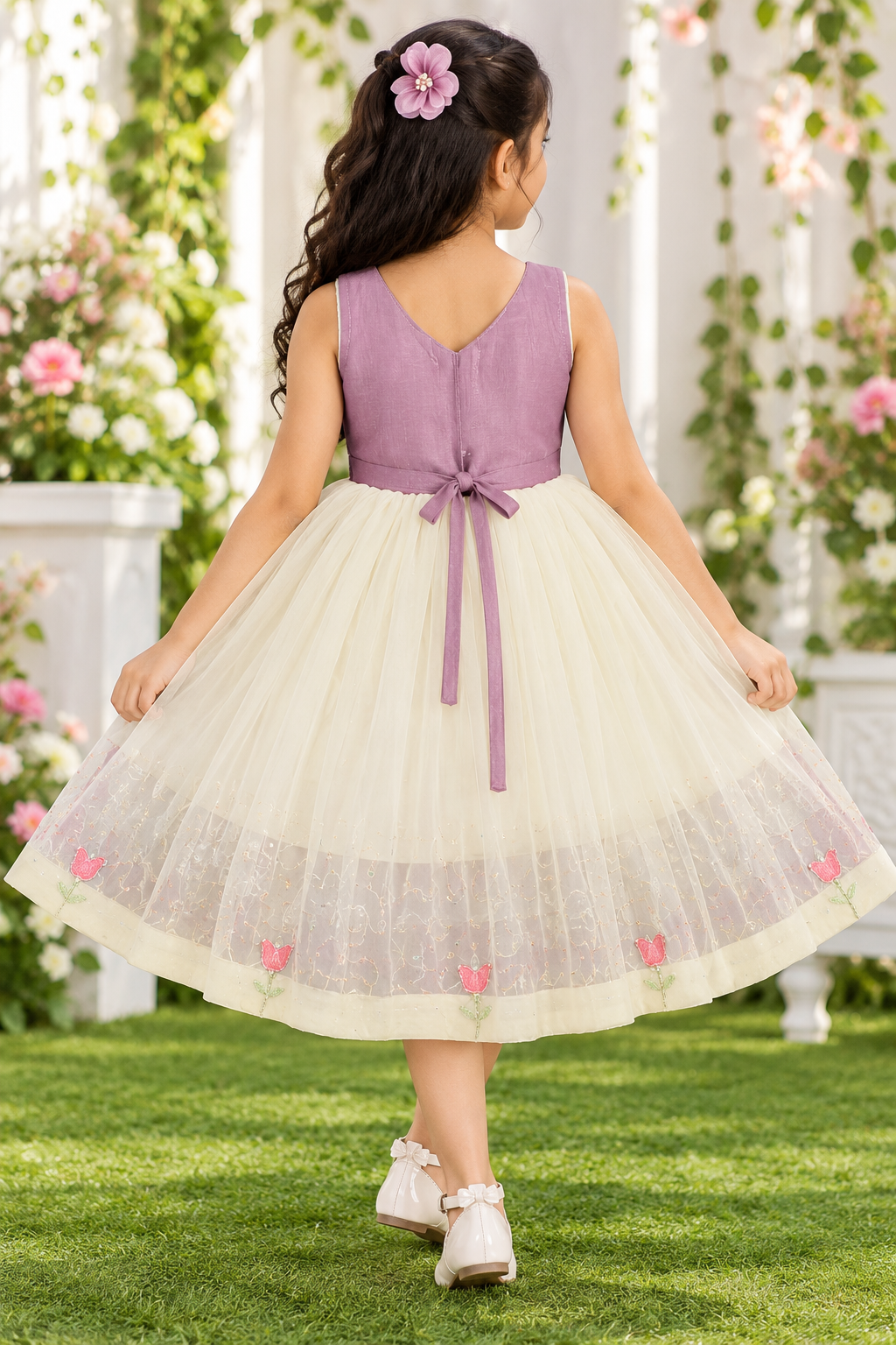 Girls Sleeveless Mauve & Ivory Floral Embroidered Party Wear Frock