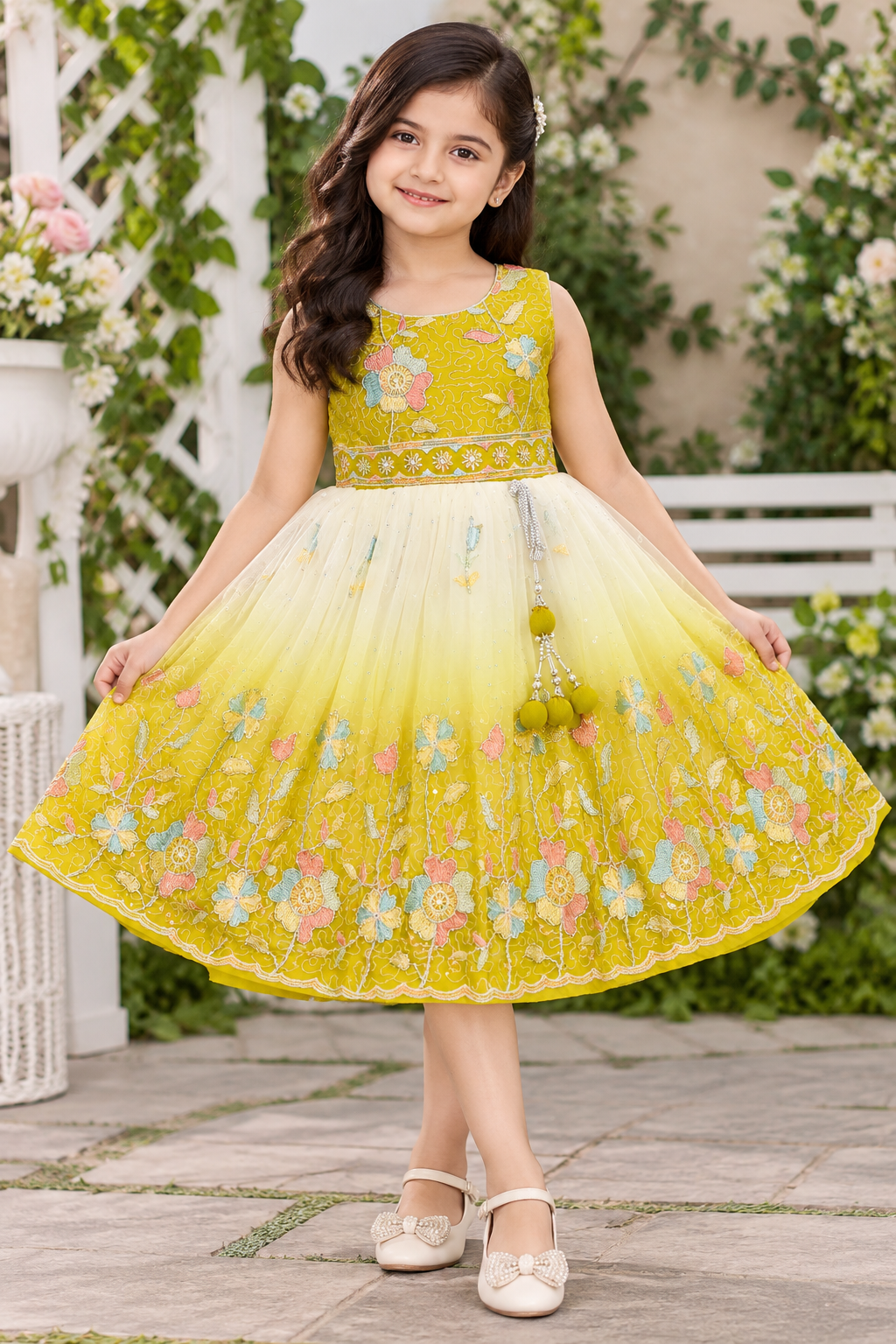 Girls Sleeveless Mustard Yellow & Ivory Floral Embroidered Party Wear Frock