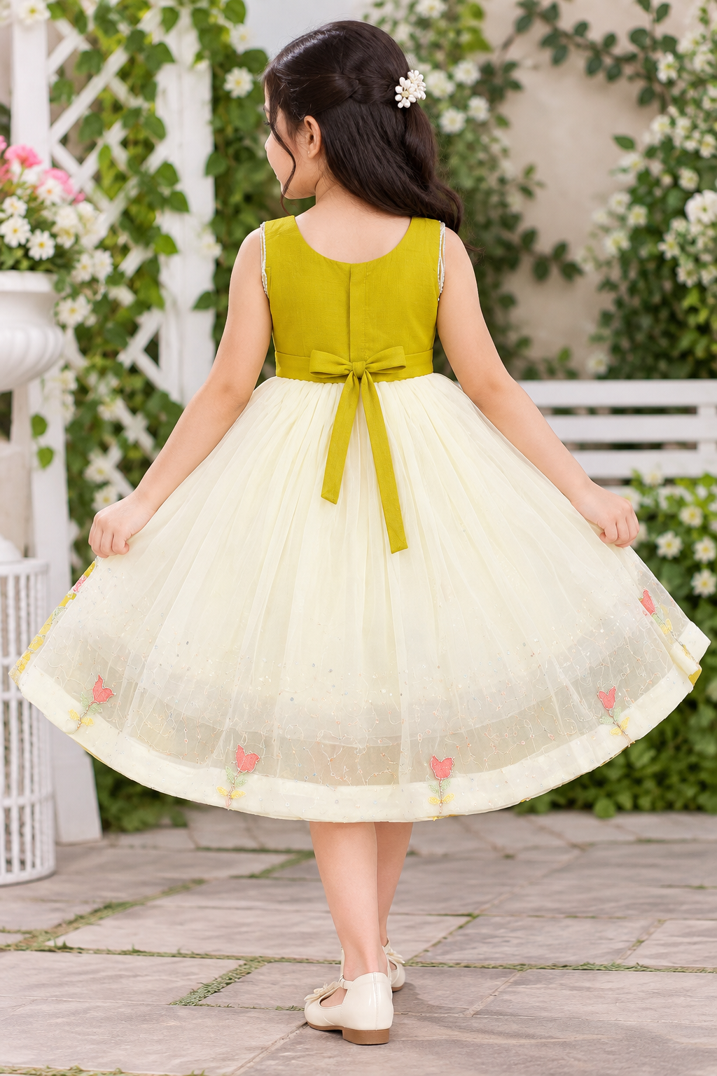 Girls Sleeveless Mustard Yellow & Ivory Floral Embroidered Party Wear Frock