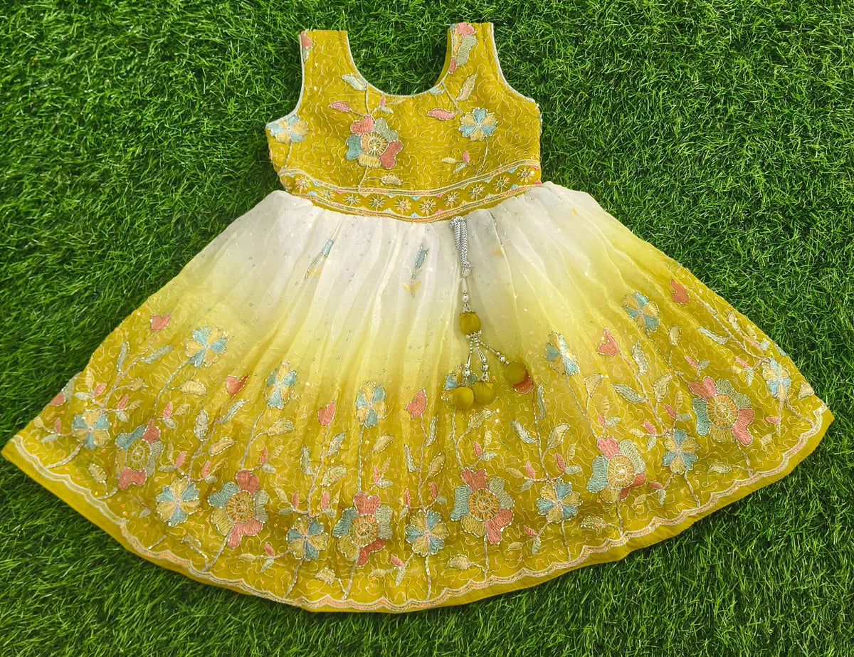 Girls Sleeveless Mustard Yellow & Ivory Floral Embroidered Party Wear Frock