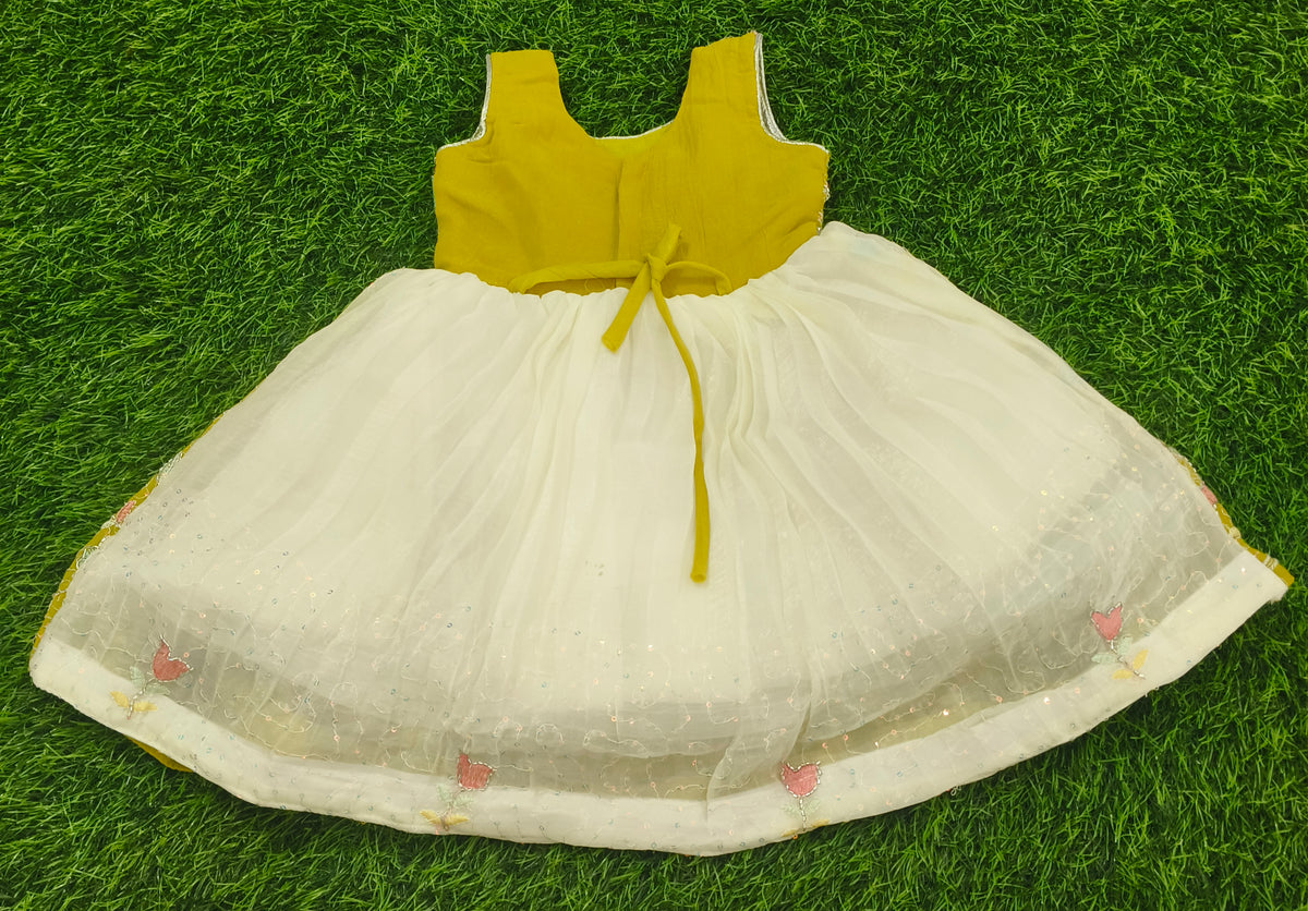 Girls Sleeveless Mustard Yellow & Ivory Floral Embroidered Party Wear Frock