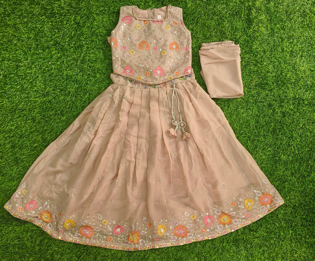 Girls Sleeveless Dusty Beige Floral Embroidered Lehenga Choli with Dupatta