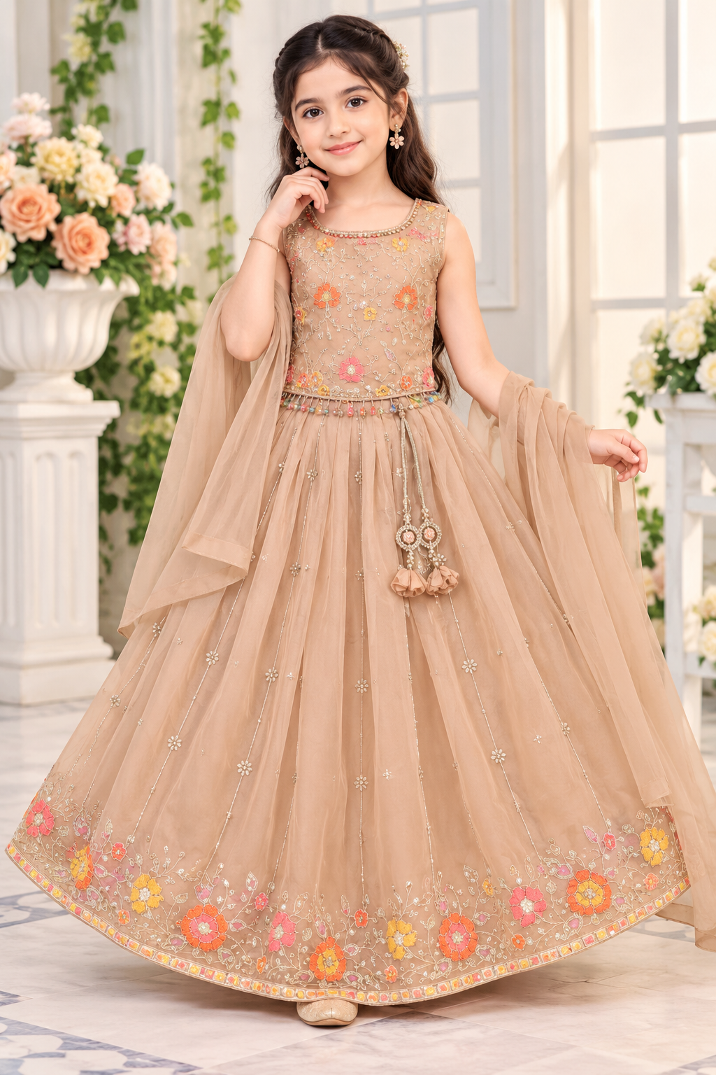 Girls Sleeveless Dusty Beige Floral Embroidered Lehenga Choli with Dupatta