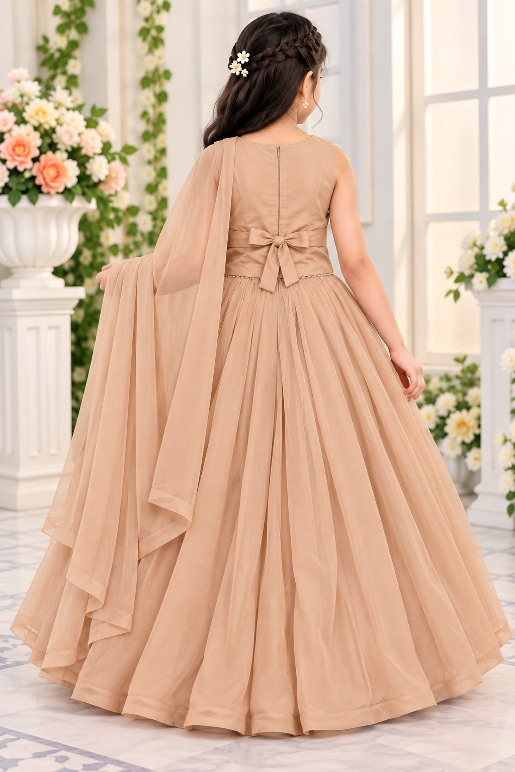 Girls Sleeveless Dusty Beige Floral Embroidered Lehenga Choli with Dupatta