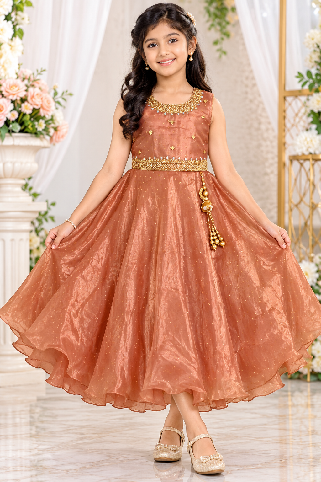 Girls Sleeveless Copper Brown Embellished Party Wear Gown