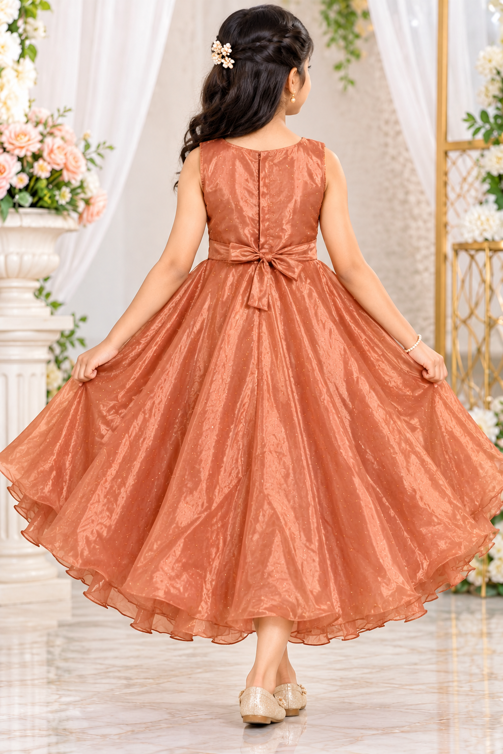 Girls Sleeveless Copper Brown Embellished Party Wear Gown