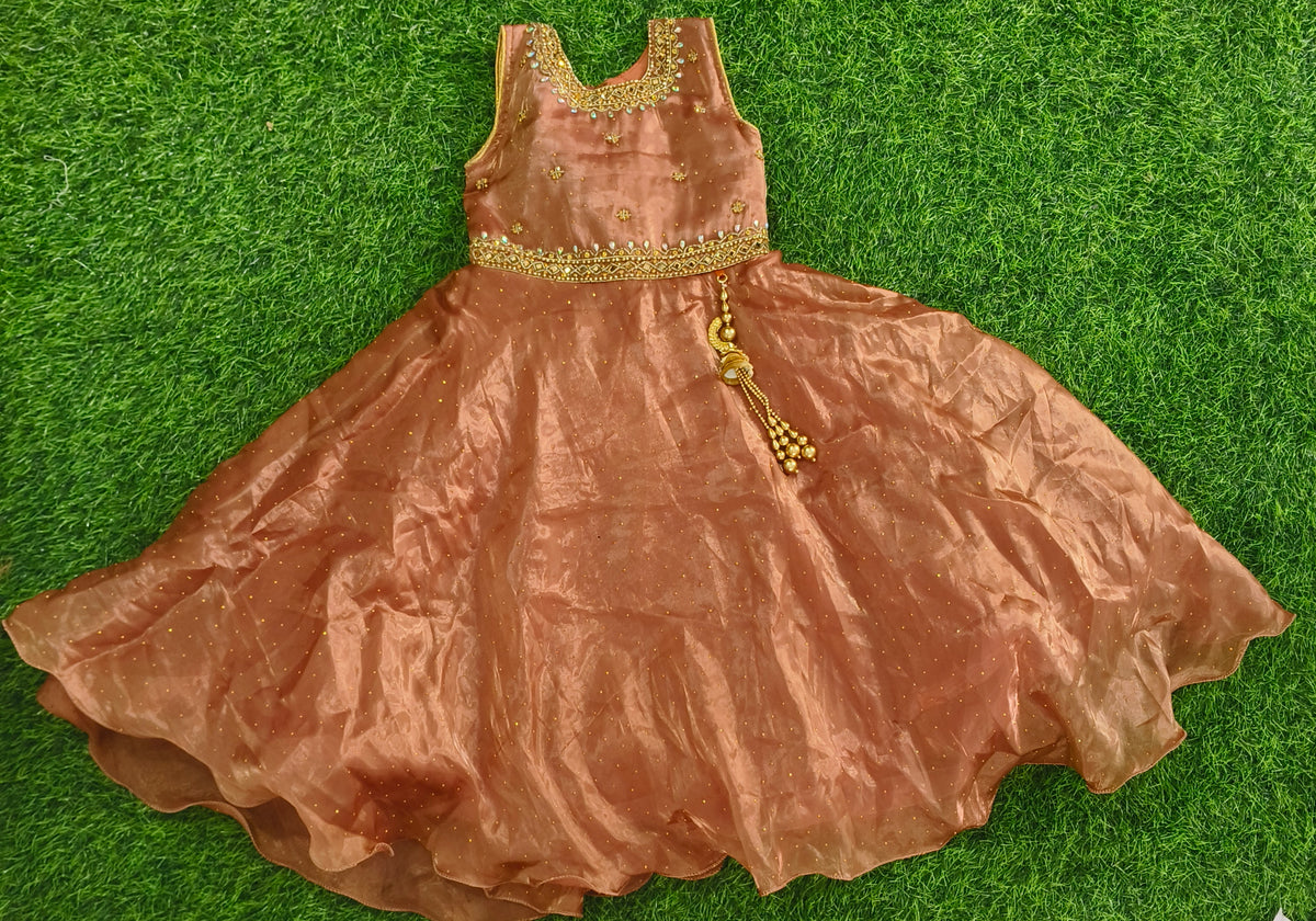 Girls Sleeveless Copper Brown Embellished Party Wear Gown