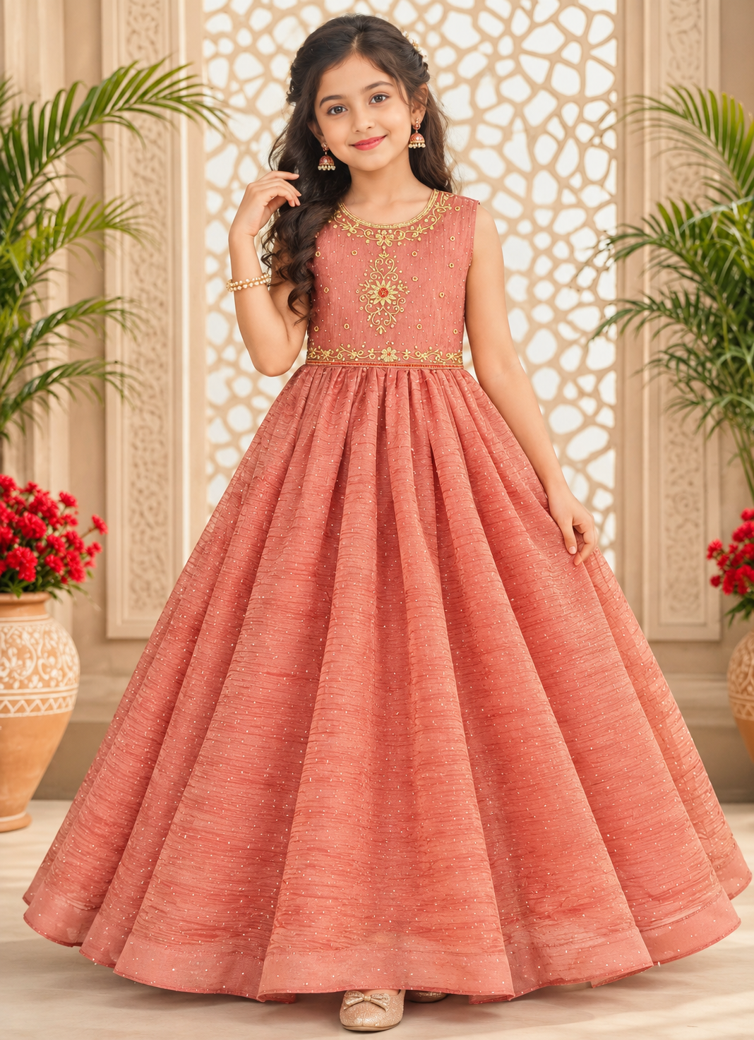 Girls Sleeveless Dusty Rose Embellished Party Wear Frock