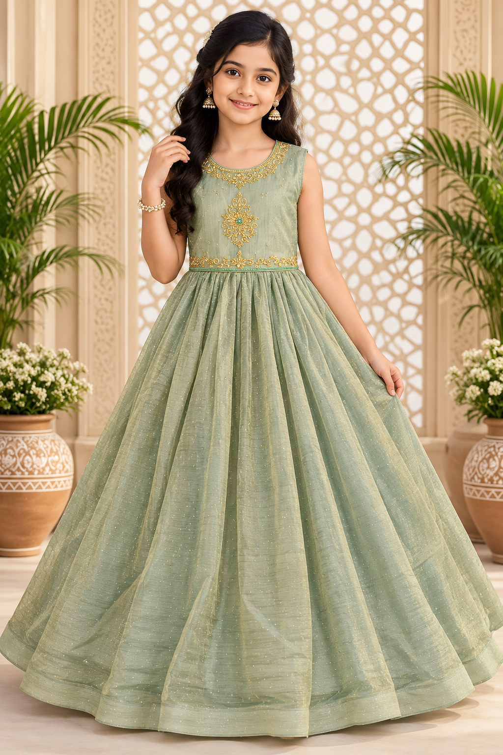 Girls Sleeveless Sage Green Embellished Party Wear Frock