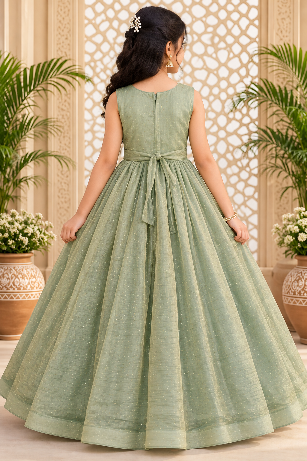 Girls Sleeveless Sage Green Embellished Party Wear Frock