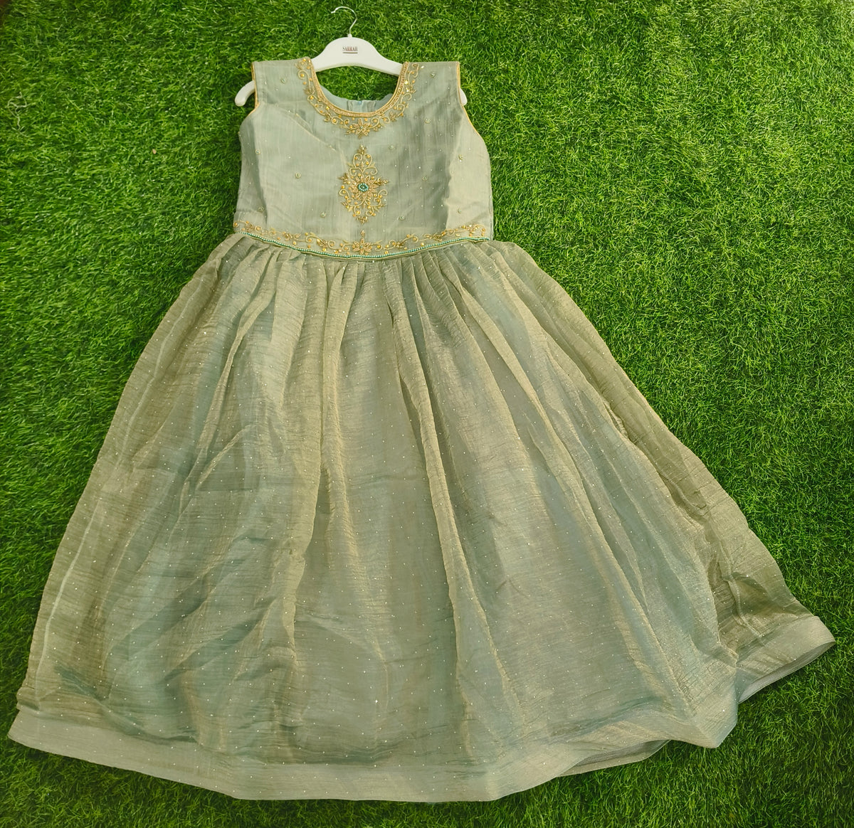 Girls Sleeveless Sage Green Embellished Party Wear Frock