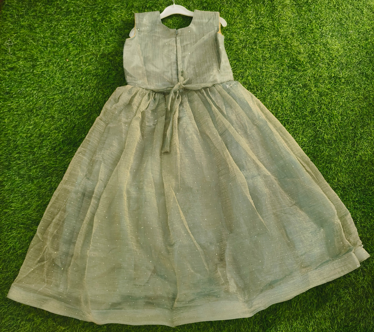 Girls Sleeveless Sage Green Embellished Party Wear Frock