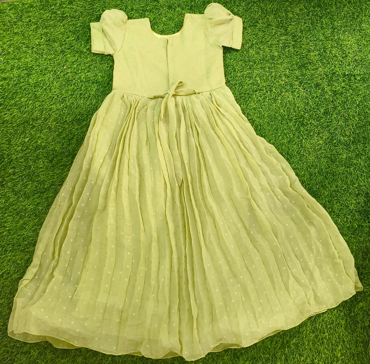Girls Short Puff Sleeve Pista Green Embellished Party Wear Frock