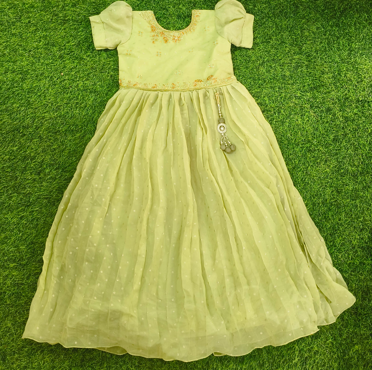 Girls Short Puff Sleeve Pista Green Embellished Party Wear Frock