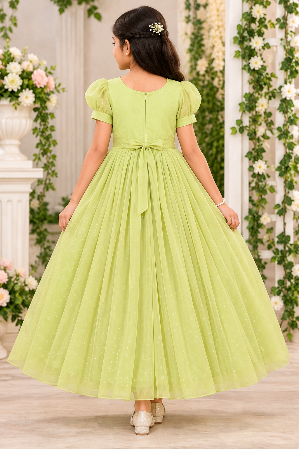 Girls Short Puff Sleeve Pista Green Embellished Party Wear Frock