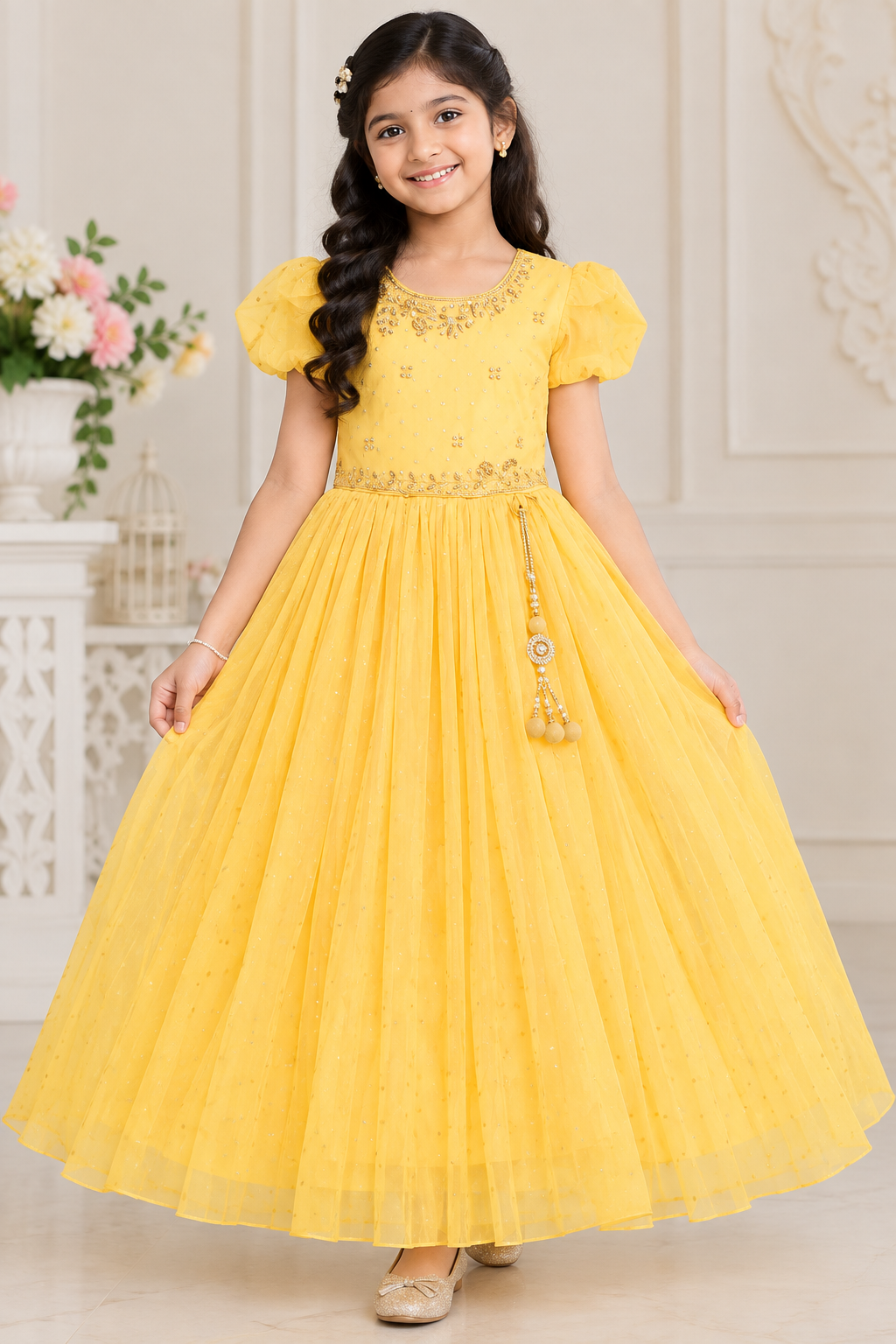 Girls Short Puff Sleeve Yellow Embellished Party Wear Frock