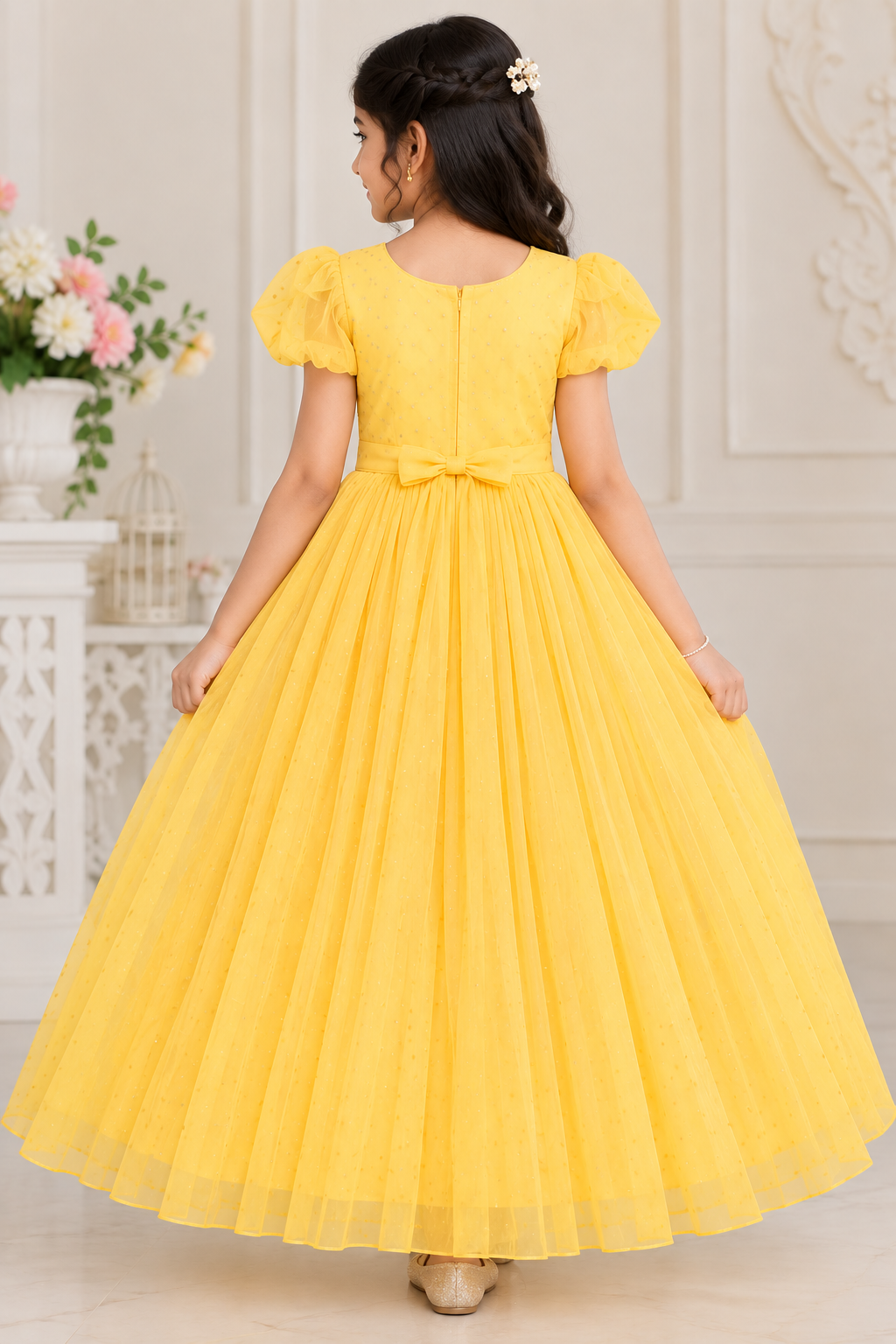 Girls Short Puff Sleeve Yellow Embellished Party Wear Frock