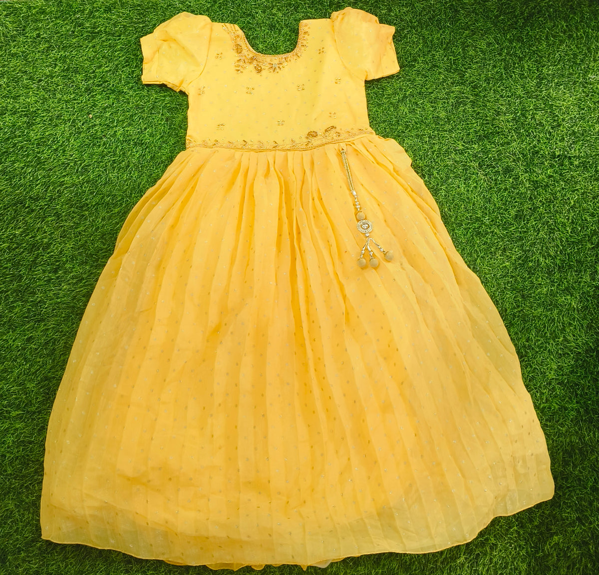 Girls Short Puff Sleeve Yellow Embellished Party Wear Frock