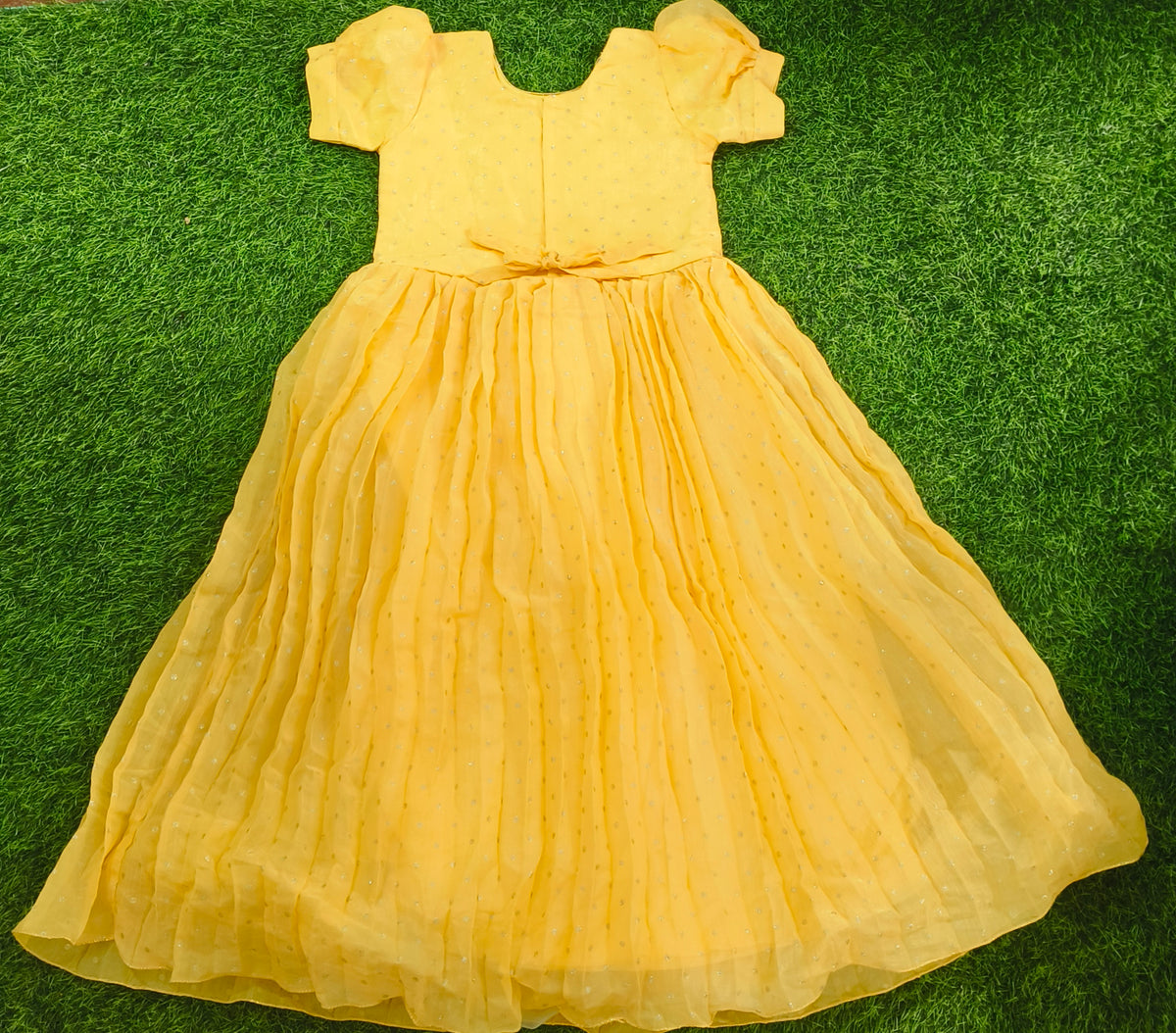 Girls Short Puff Sleeve Yellow Embellished Party Wear Frock