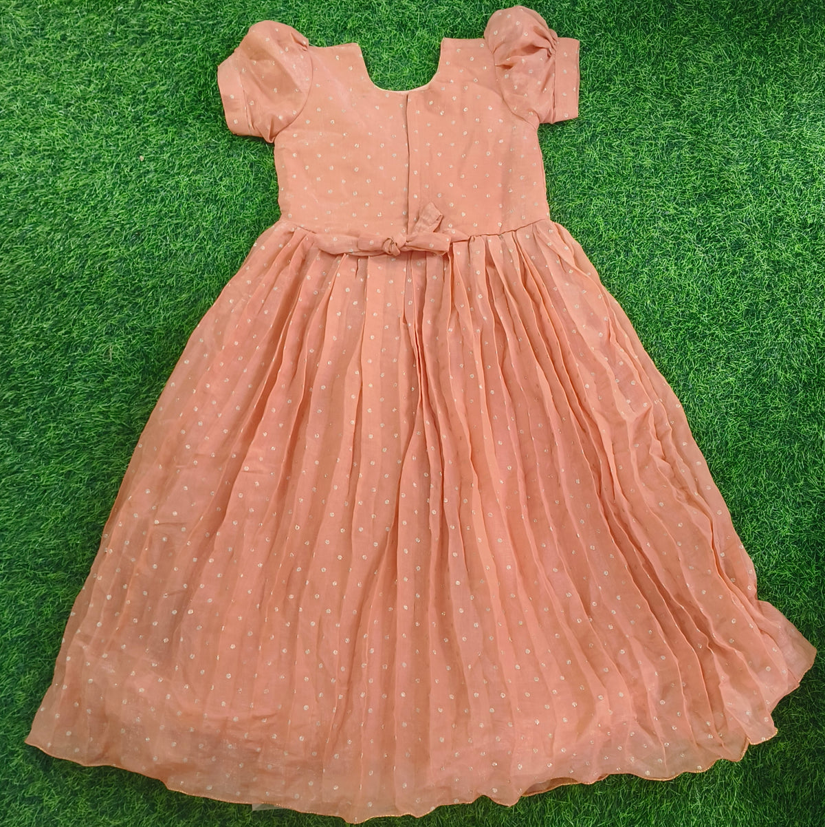 Girls Short Puff Sleeve Peach Embellished Party Wear Frock