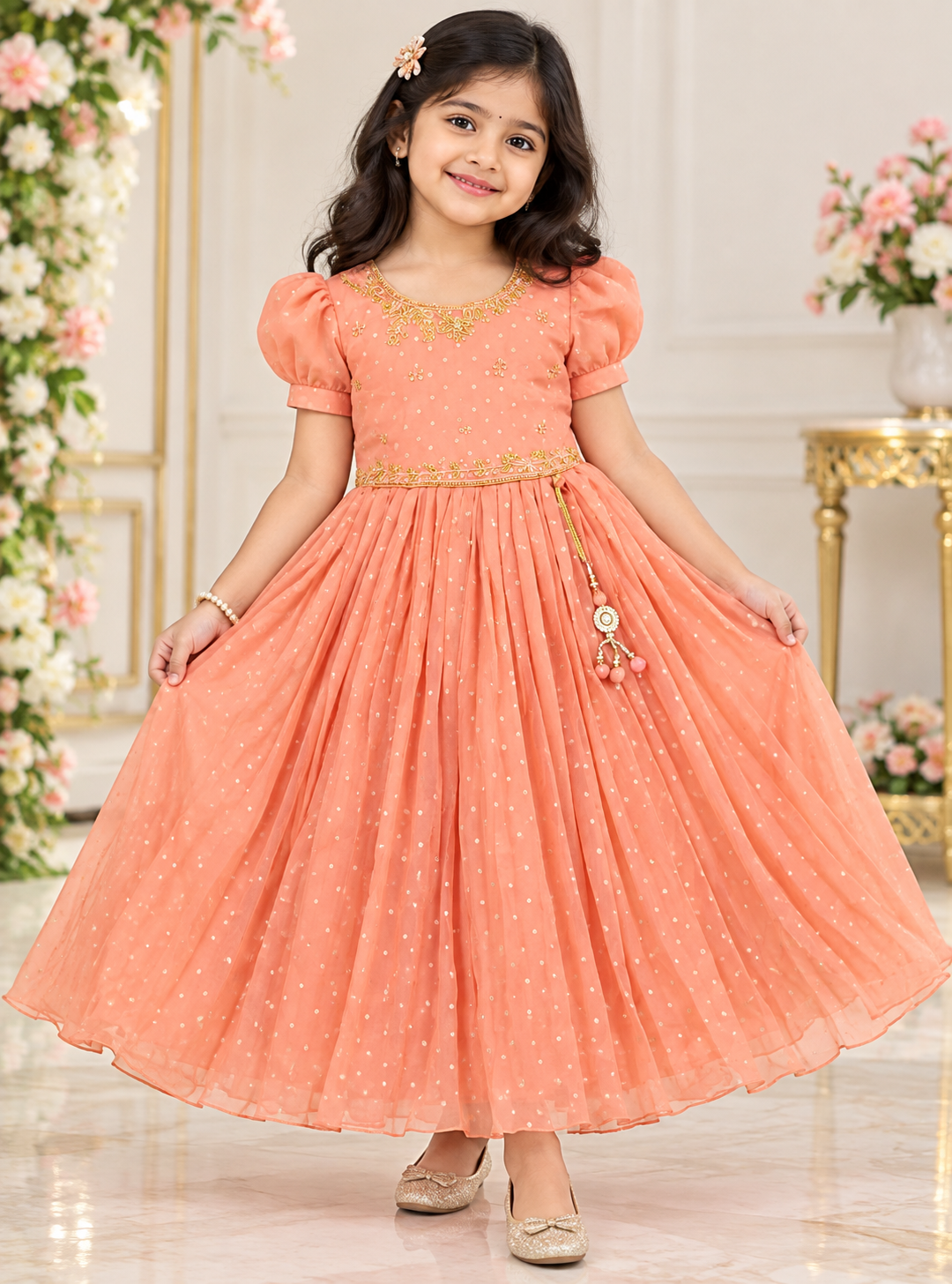 Girls Short Puff Sleeve Peach Embellished Party Wear Frock