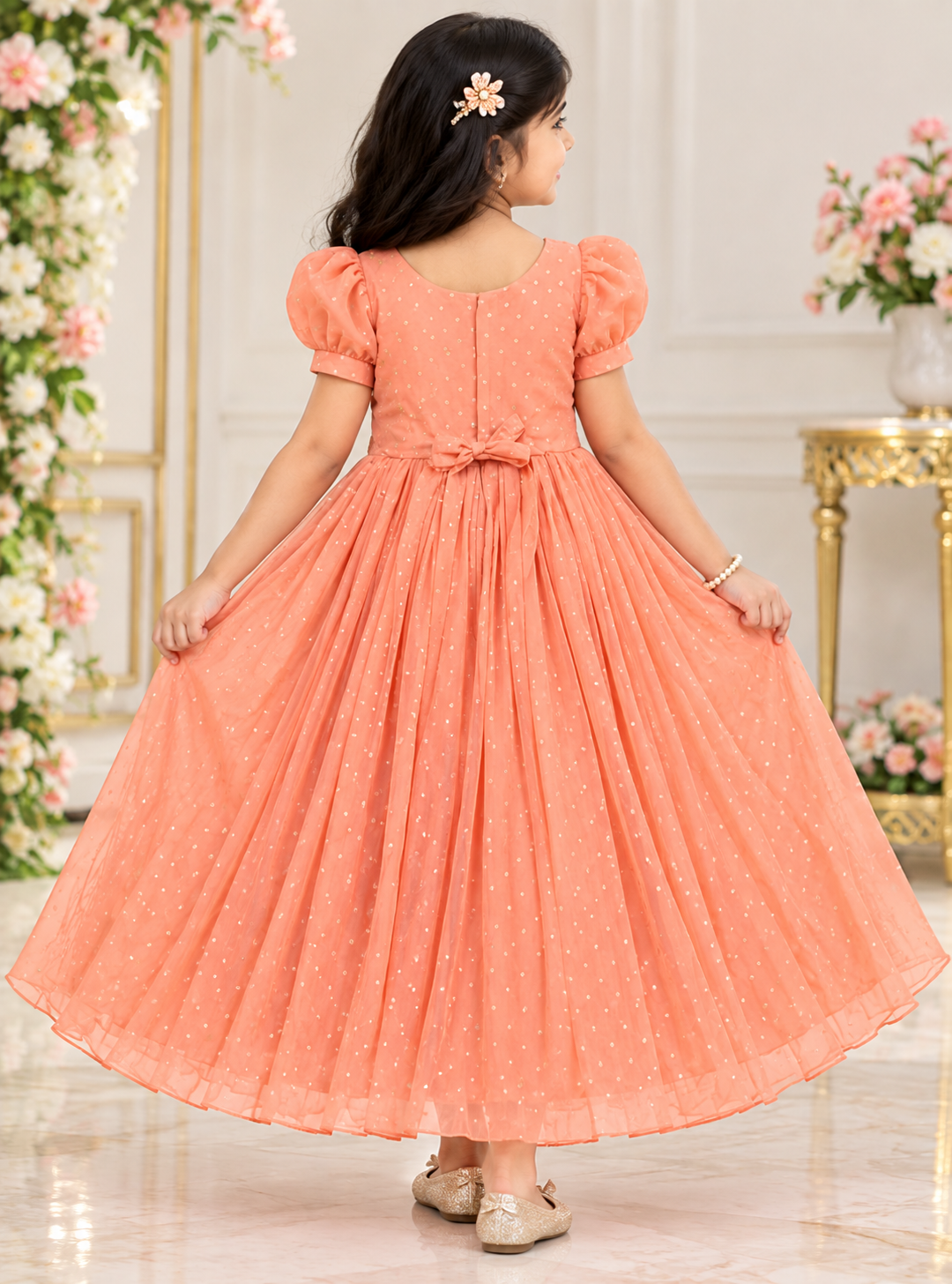 Girls Short Puff Sleeve Peach Embellished Party Wear Frock