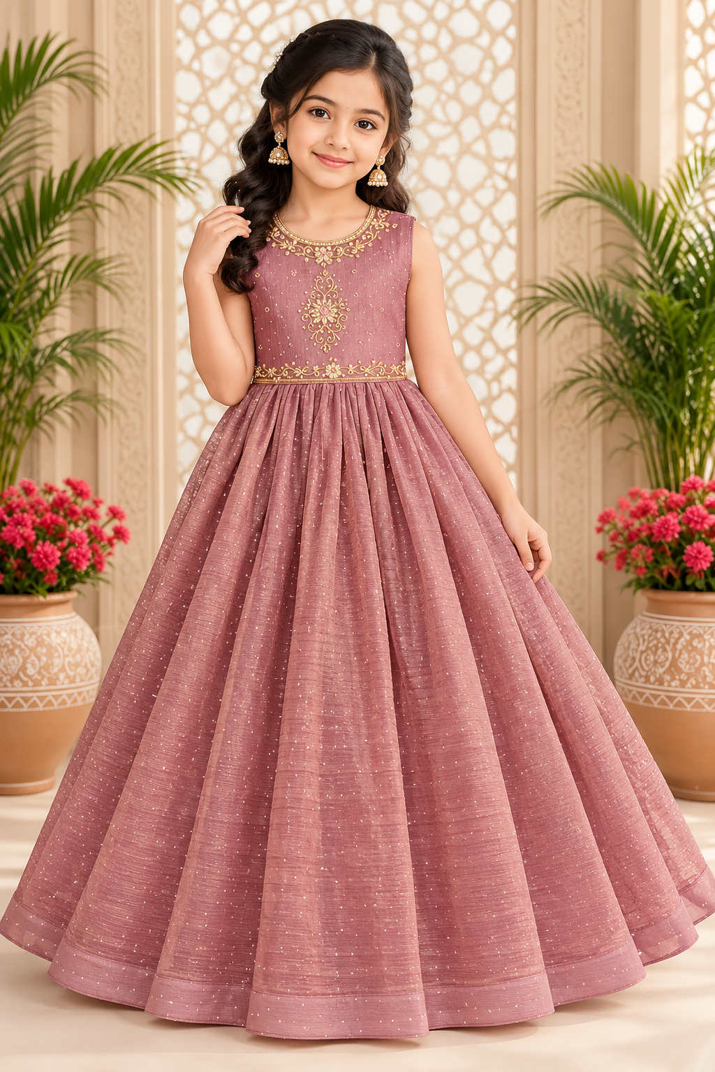 Girls Sleeveless Dusty Mauve Embellished Party Wear Frock