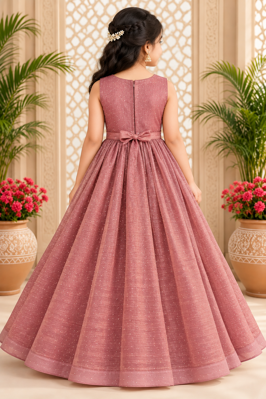 Girls Sleeveless Dusty Mauve Embellished Party Wear Frock