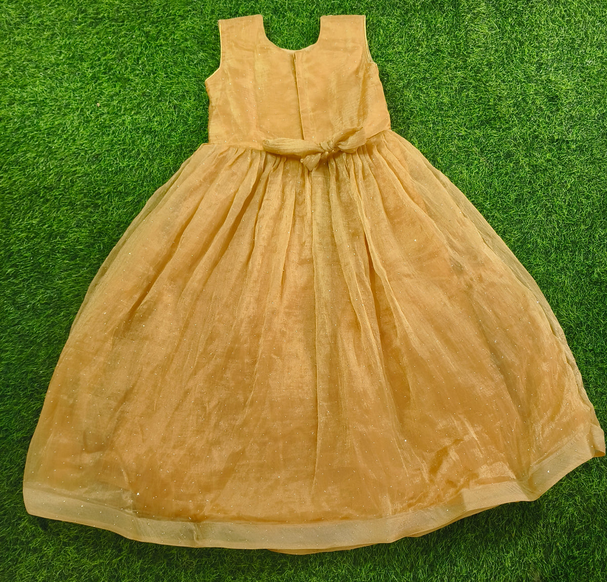 Girls Sleeveless Golden Beige Embellished Party Wear Frock