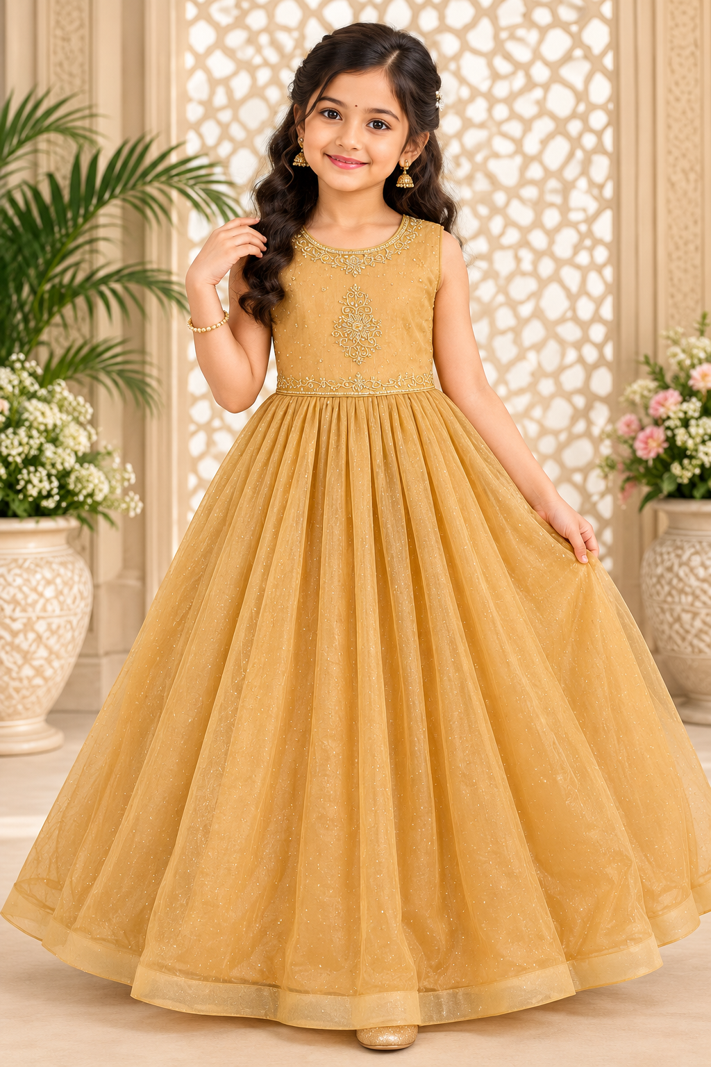 Girls Sleeveless Golden Beige Embellished Party Wear Frock