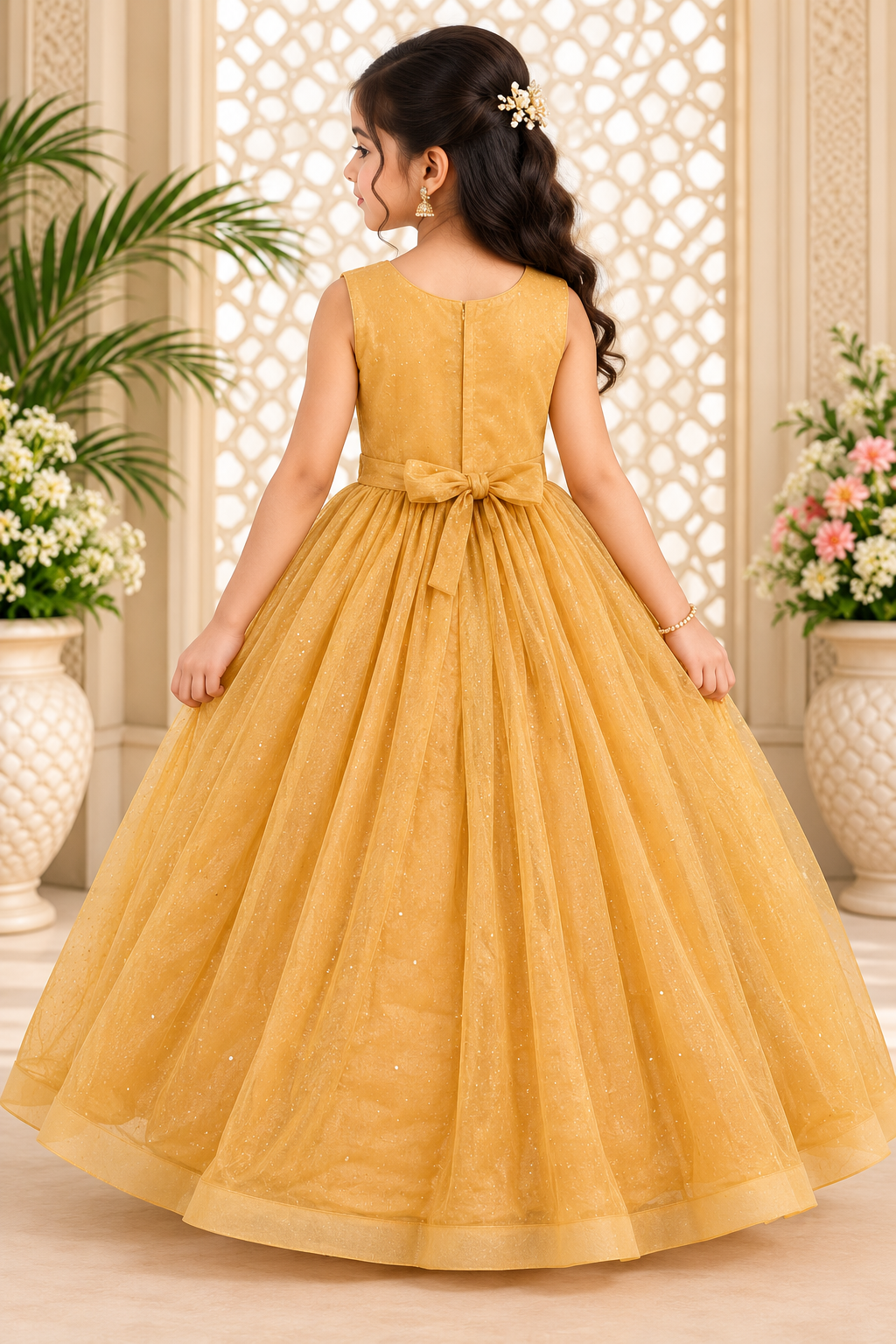 Girls Sleeveless Golden Beige Embellished Party Wear Frock