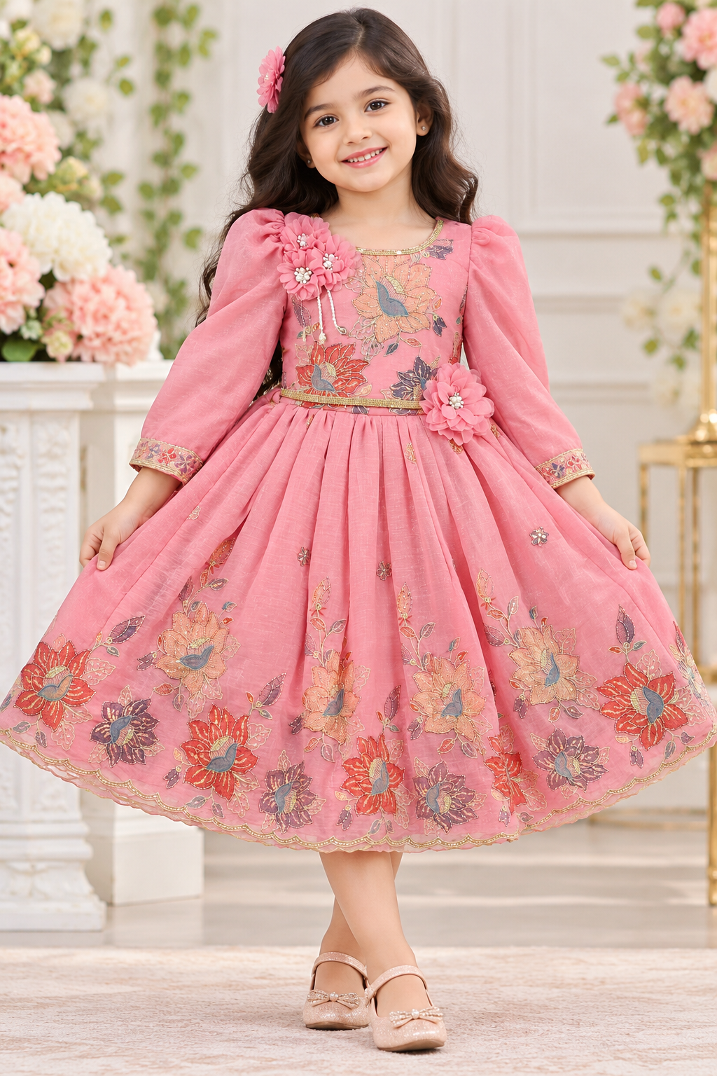Girls Full Sleeve Pink Floral Embroidered Party Wear Frock