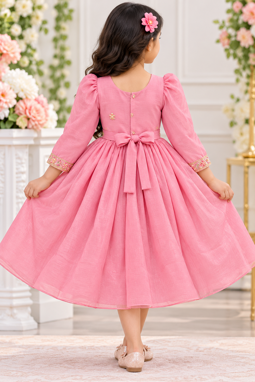 Girls Full Sleeve Pink Floral Embroidered Party Wear Frock
