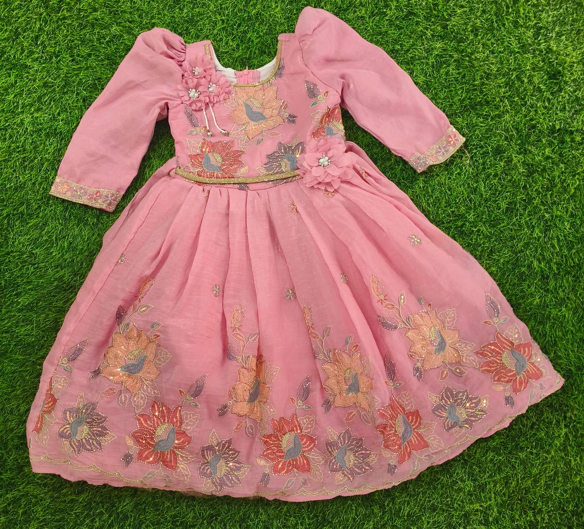 Girls Full Sleeve Pink Floral Embroidered Party Wear Frock