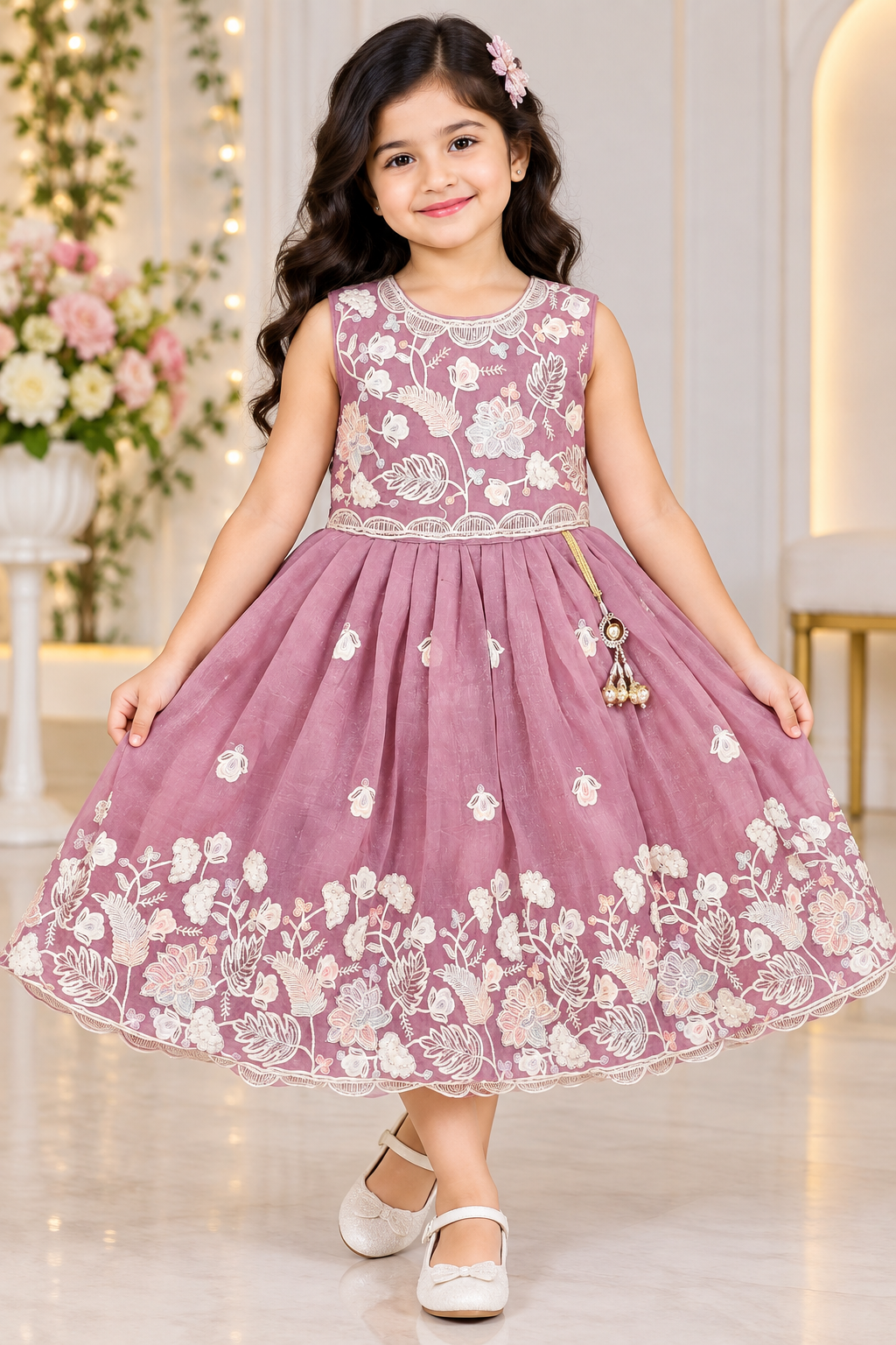 Girls Sleeveless Dusty Mauve Floral Embroidered Party Wear Frock