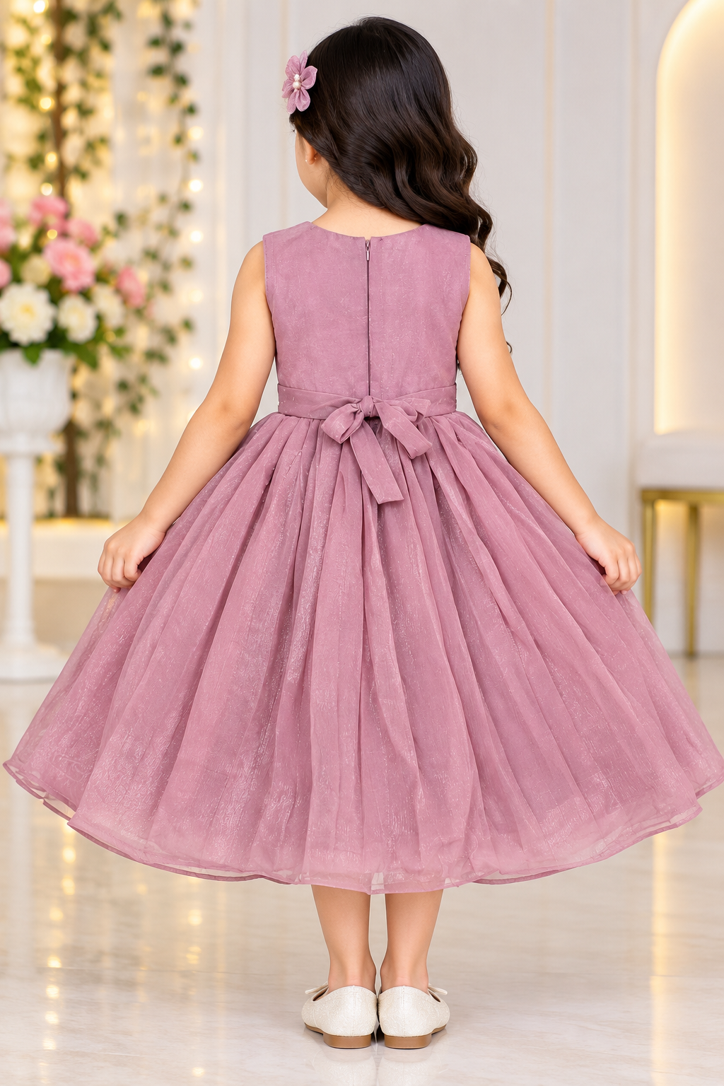 Girls Sleeveless Dusty Mauve Floral Embroidered Party Wear Frock