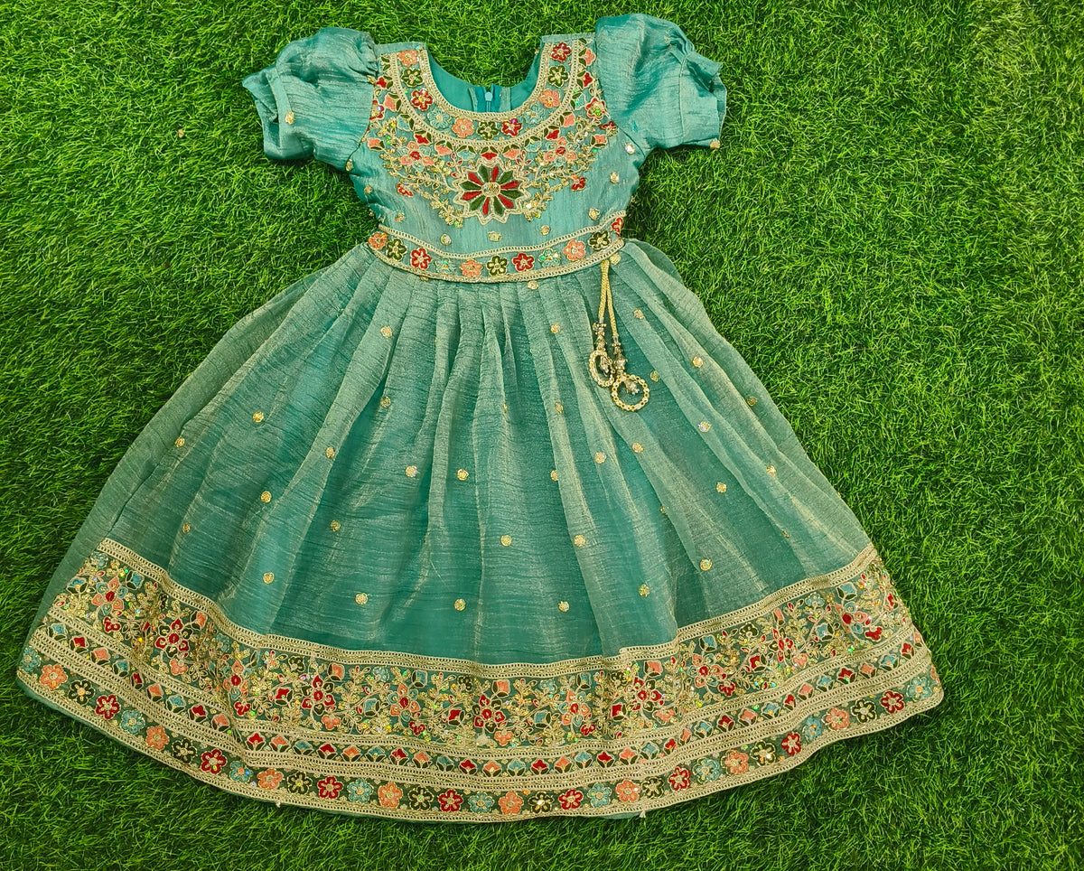 Girls Short Puff Sleeve Teal Green Floral Embroidered Party Wear Frock