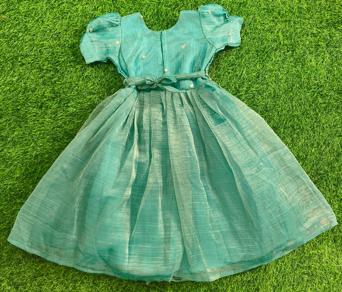 Girls Short Puff Sleeve Teal Green Floral Embroidered Party Wear Frock
