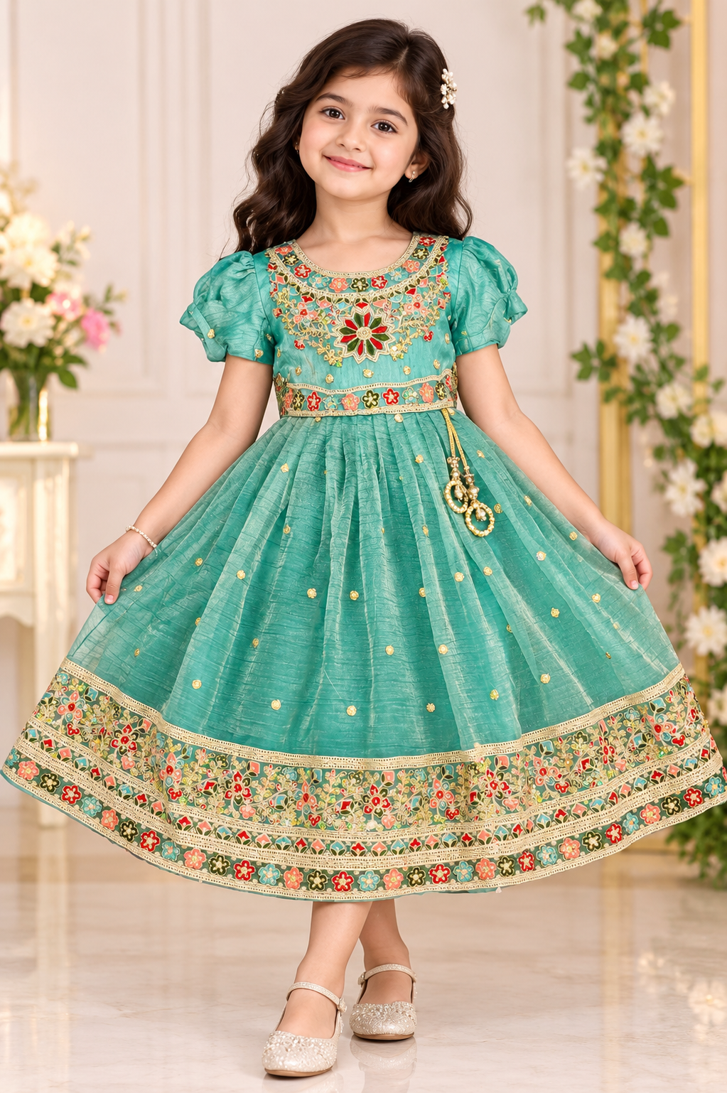 Girls Short Puff Sleeve Teal Green Floral Embroidered Party Wear Frock
