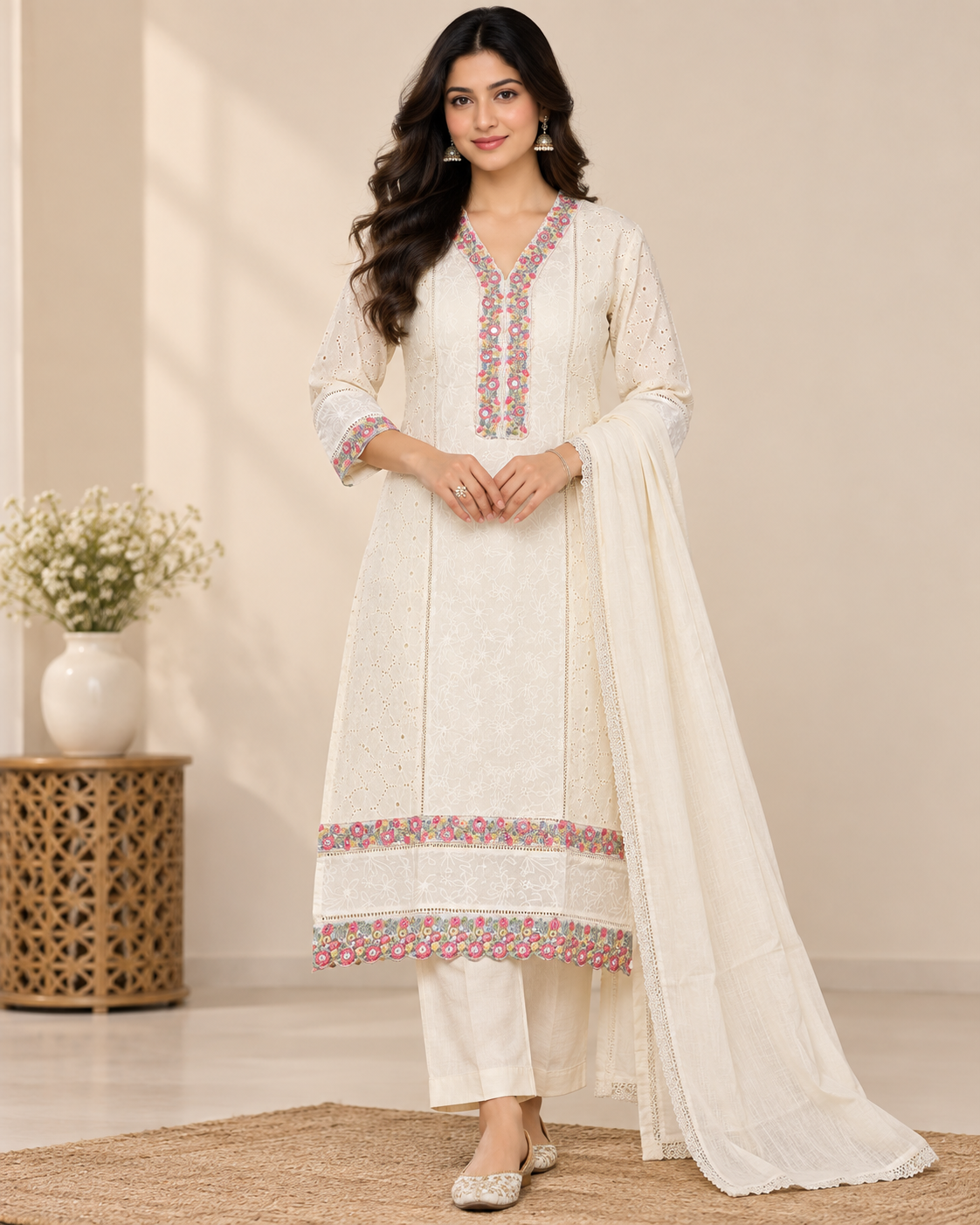 Women’s Off-White Floral Embroidered Cotton 3-Piece Kurti Set