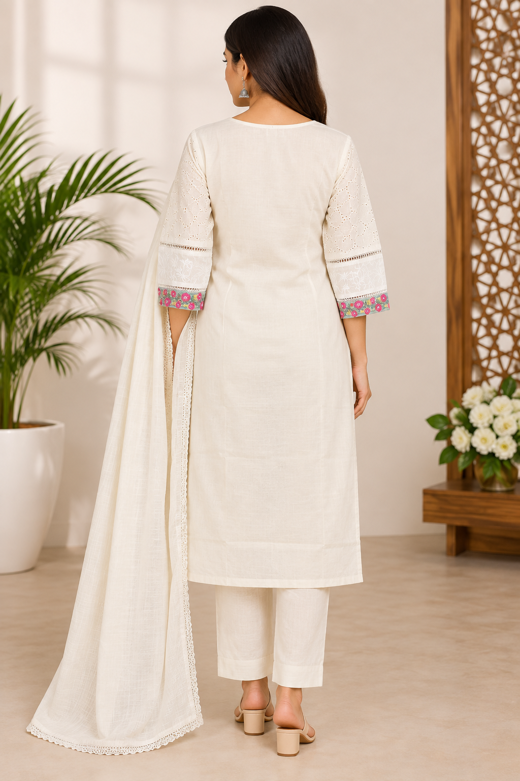 Women’s Off-White Floral Embroidered Cotton 3-Piece Kurti Set