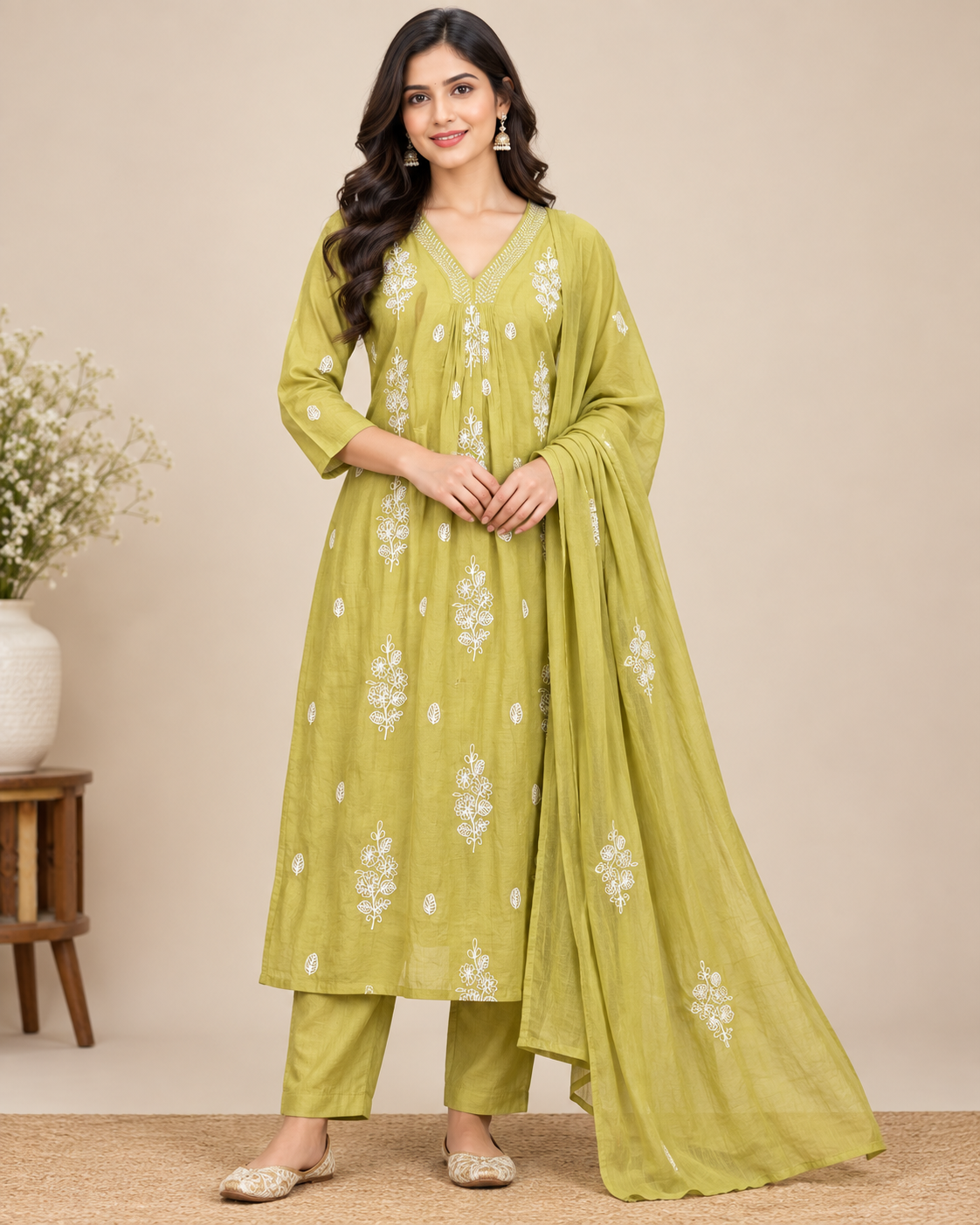 Women’s Olive Green Floral Embroidered Rayon 3-Piece Kurti Set